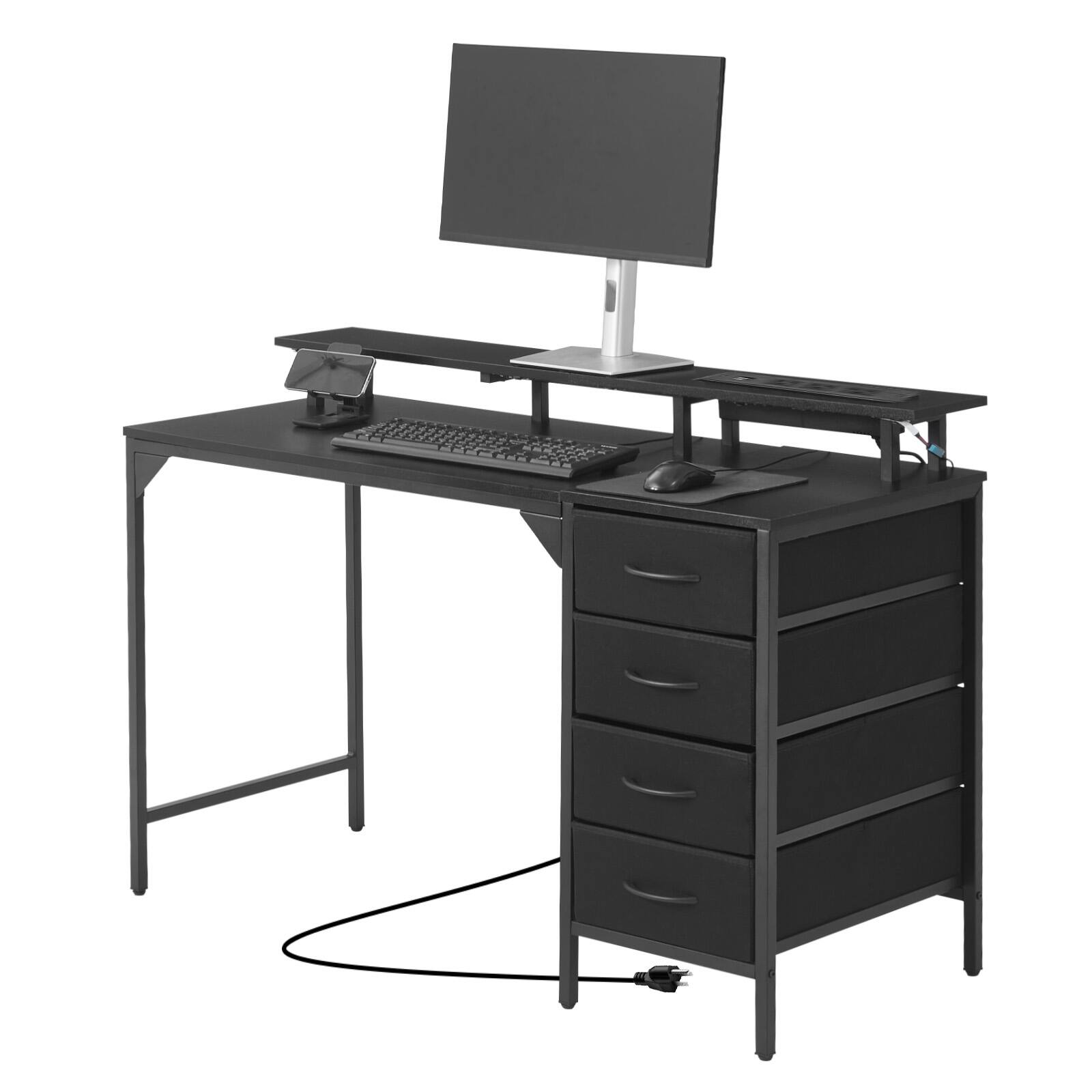 Alt View 5. VEVOR - 47" Computer Desk with LED Lights & Power Outlets, Gaming Table with 4 Large Drawers, Office Desk with Monitor Stand - Black.