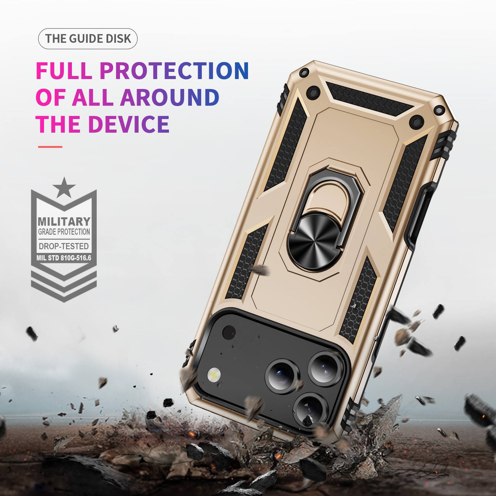 THE GUIDE DISK  
FULL PROTECTION OF ALL AROUND THE DEVICE  
MILITARY GRADE PROTECTION  
DROP-TESTED  
MIL STD 810G-516.6