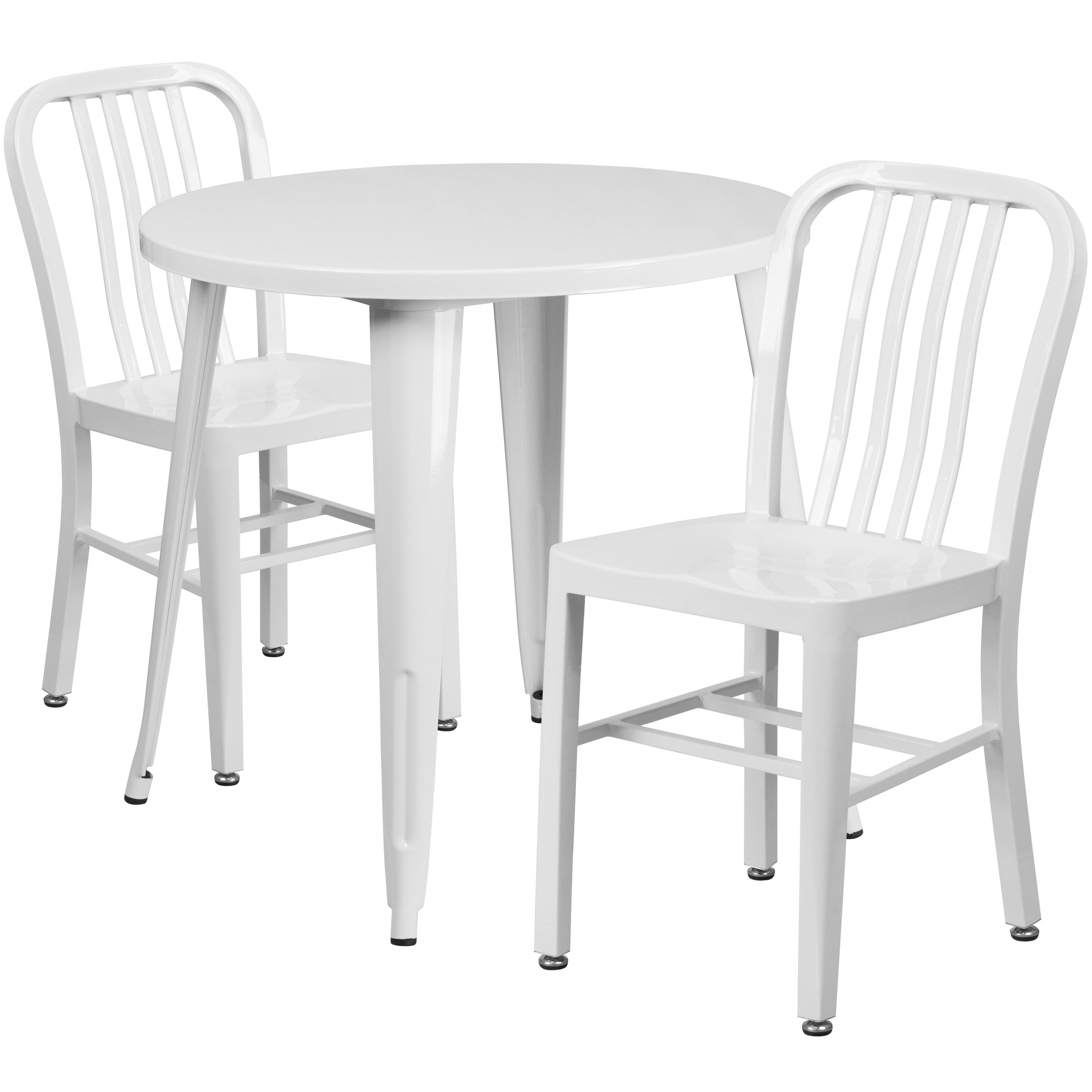 Alt View 1. Emma + Oliver - Commercial Grade 30" Round Metal Indoor-Outdoor Table Set & 2 Slat Back Chairs - White.