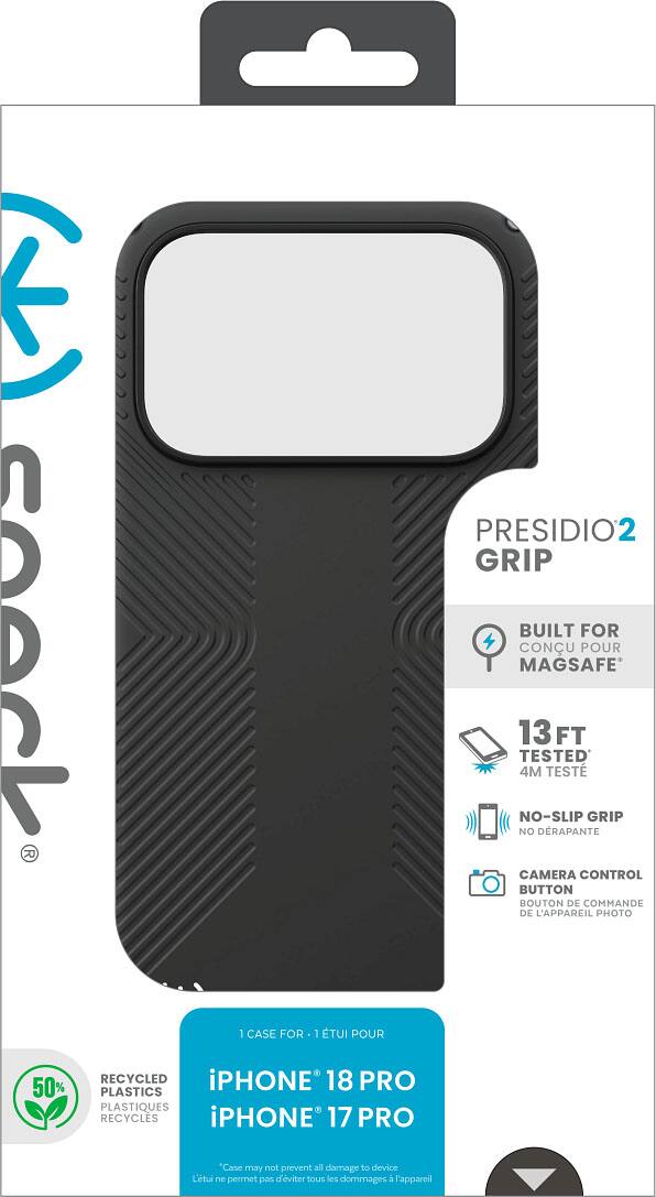E speck  
1 CASE FOR  
1 ÉTUI POUR  
PRESIDIO2 GRIP  
BUILT FOR MAGSAFE  
13 FT TESTED 4M TESTÉ  
NO-SLIP GRIP  
NO DRAPANTE  
CAMERA CONTROL BUTTON  
BOUTON DE COMMANDE DE L'APPAREIL PHOTO  
50% RECYCLED PLASTICS  
PLASTIQUES RECYCLES  
iPHONE 18 PRO  
iPHONE 17 PRO  
"Case may not prevent all damage to device  
L'étui ne permet pas d'éviter tous les dommages à l'appareil