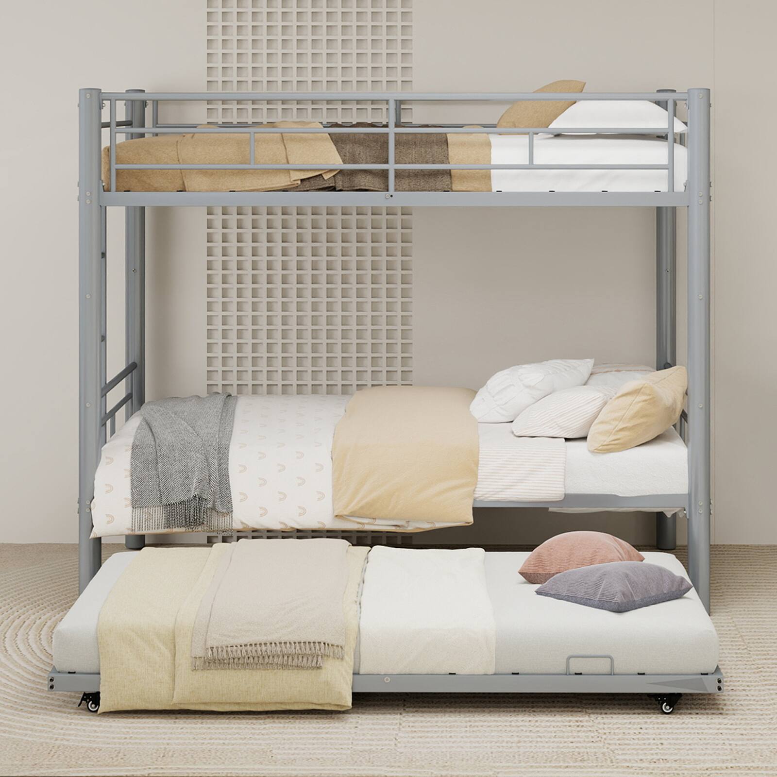 Angle. Loheer - Loheer Silver Twin Metal Triple Bunk Bed Frame Three in One Convertible Heavy Duty Steel Space Saving Sleeper for Dorms - Silver.