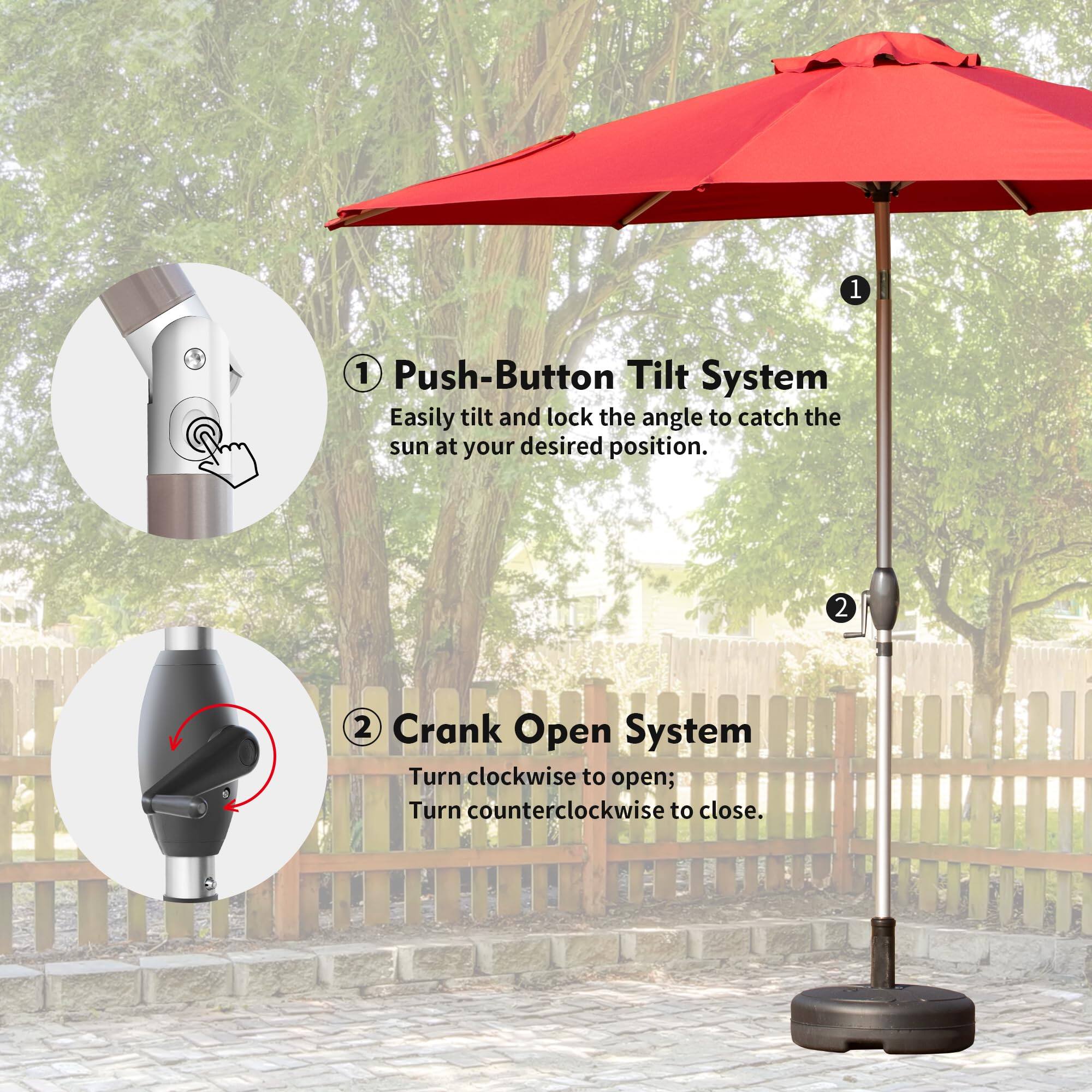 1. Push-Button Tilt System  
   Easily tilt and lock the angle to catch the sun at your desired position.

2. Crank Open System  
   Turn clockwise to open; Turn counterclockwise to close.