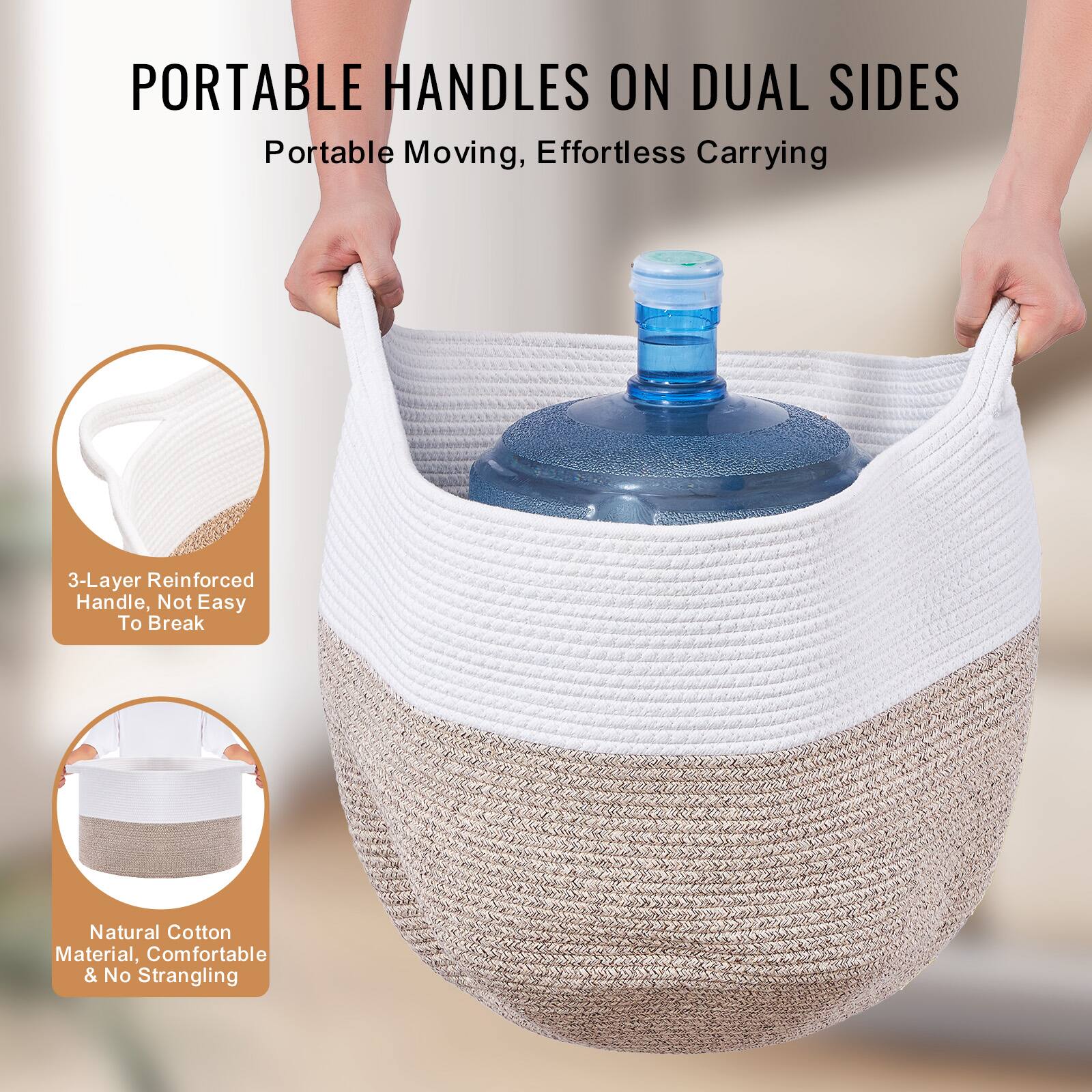 PORTABLE HANDLES ON DUAL SIDES  
Portable Moving, Effortless Carrying  

3-Layer Reinforced Handle, Not Easy To Break  

Natural Cotton Material, Comfortable & No Strangling