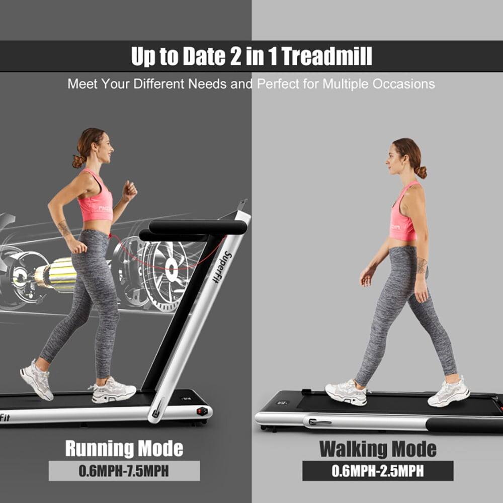 Up to Date 2 in 1 Treadmill  
Meet Your Different Needs and Perfect for Multiple Occasions  

A SuperFit Fit  
Running Mode: 0.6MPH-7.5MPH  
Walking Mode: 0.6MPH-2.5MPH