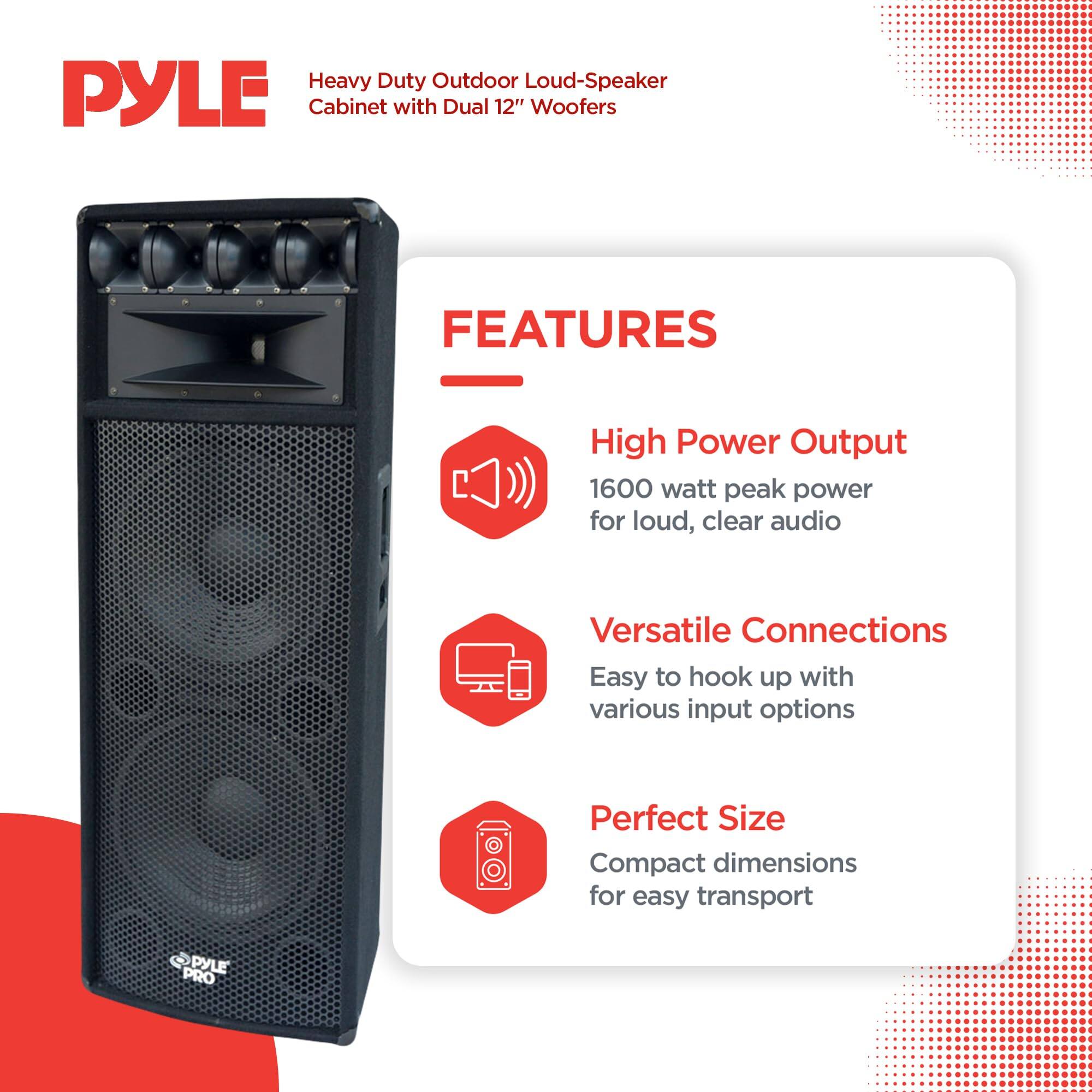 Heavy Duty Outdoor Loud-Speaker Cabinet with Dual 12" Woofers

FEATURES

- High Power Output
  - 1600 watt peak power for loud, clear audio

- Versatile Connections
  - Easy to hook up with various input options

- Perfect Size
  - Compact dimensions for easy transport