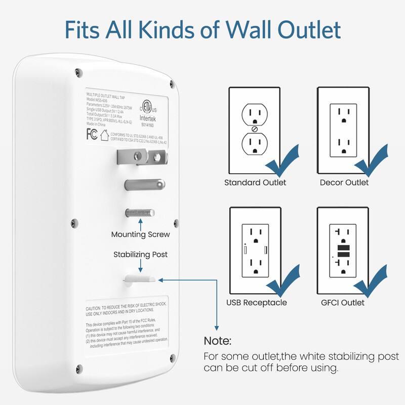 Fits All Kinds of Wall Outlet

MULTIP OUTLET WALL TAP  
Model: WSS-606  
15A 60Hz 0.875W  
Single USB Output: 5V/2.4A  
TYPE 3 SPO  
Intertek Made in China  
G, NG) 5014160  
FC  
CONFORMS TO UL 1363A, UL 488  
C122  

Standard Outlet  
Decor Outlet  
Mounting Screw  
Stabilizing Post  
USB Receptacle  
GFCI Outlet  

CAUTION: TO REDUCE THE RISK OF ELECTRIC SHOCK, USE ONLY INDOORS AND IN DRY LOCATIONS.  

This device complies with Part 15 of the FCC Rules. Operation is subject to the following two conditions:  
(1) This device may not cause harmful interference, and  
(2) this device must accept any interference that may cause undesired operation, including interference that may cause undesired operation.  

Note: For some outlet, the white stabilizing post can be cut off before using.