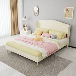 Loheer - Velvet Upholstered Queen Bed Frame Sturdy Luxury Bedroom Furniture - Beige