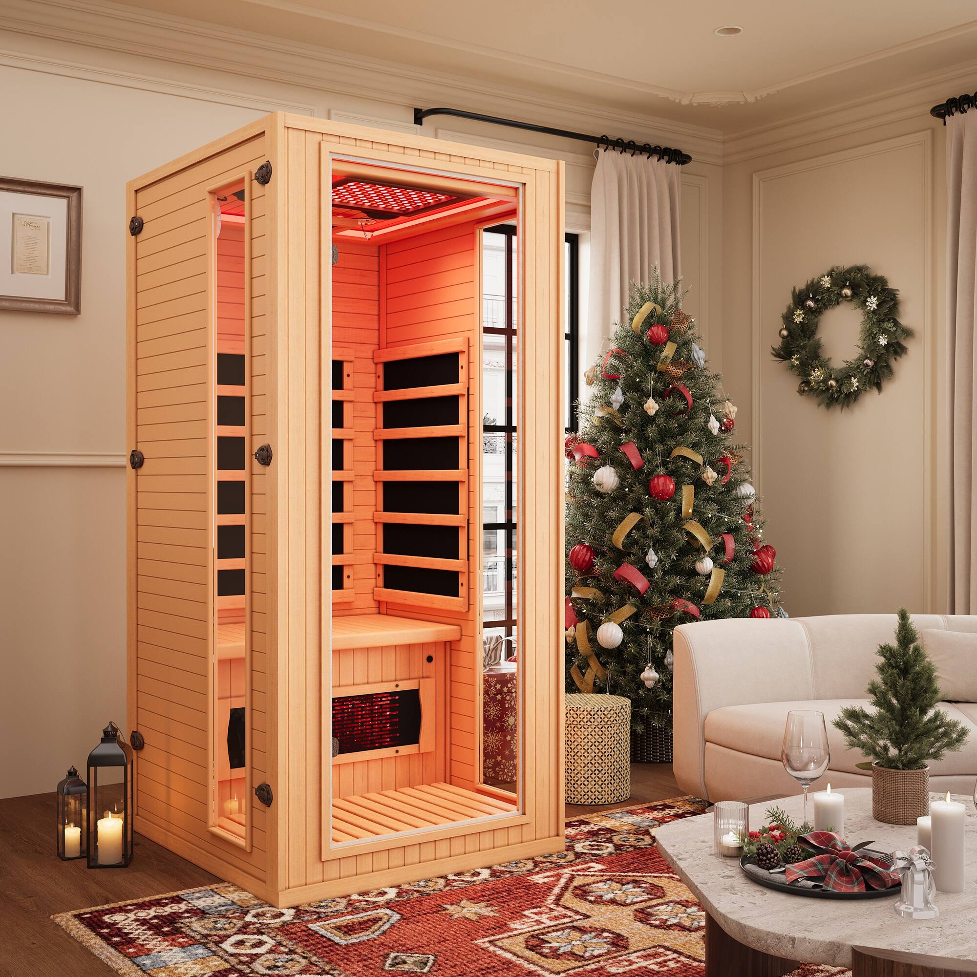 Left. U-HOMY - 1-Person Hemlock Infrared Sauna with Red Light Therapy, Tempered Glass Door & Bluetooth - Wood.