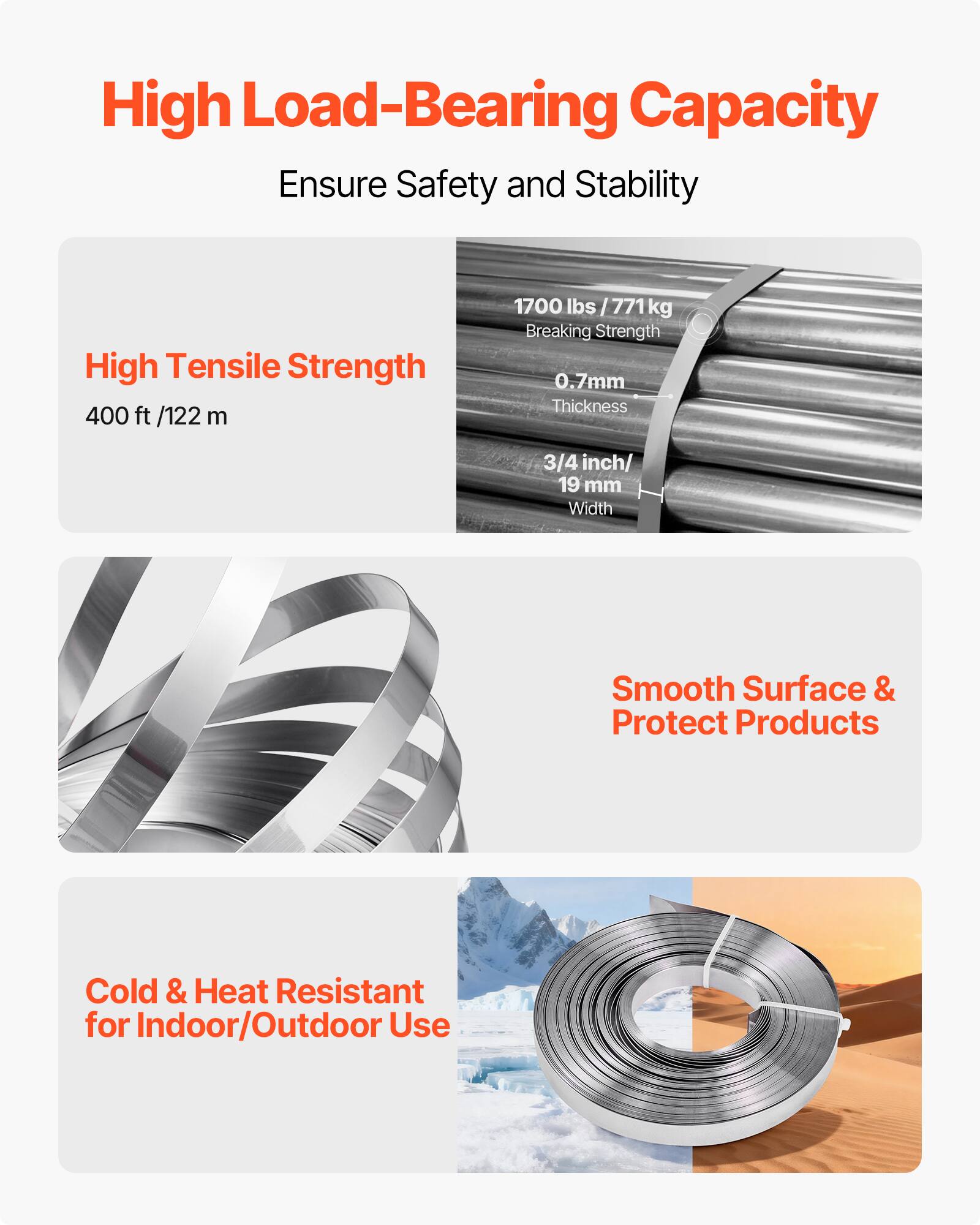 High Load-Bearing Capacity  
Ensure Safety and Stability  

High Tensile Strength  
400 ft / 122 m  
1700 lbs / 771 kg  
Breaking Strength  
0.7mm Thickness  
3/4 inch / 19 mm Width  

Smooth Surface & Protect Products  

Cold & Heat Resistant for Indoor/Outdoor Use