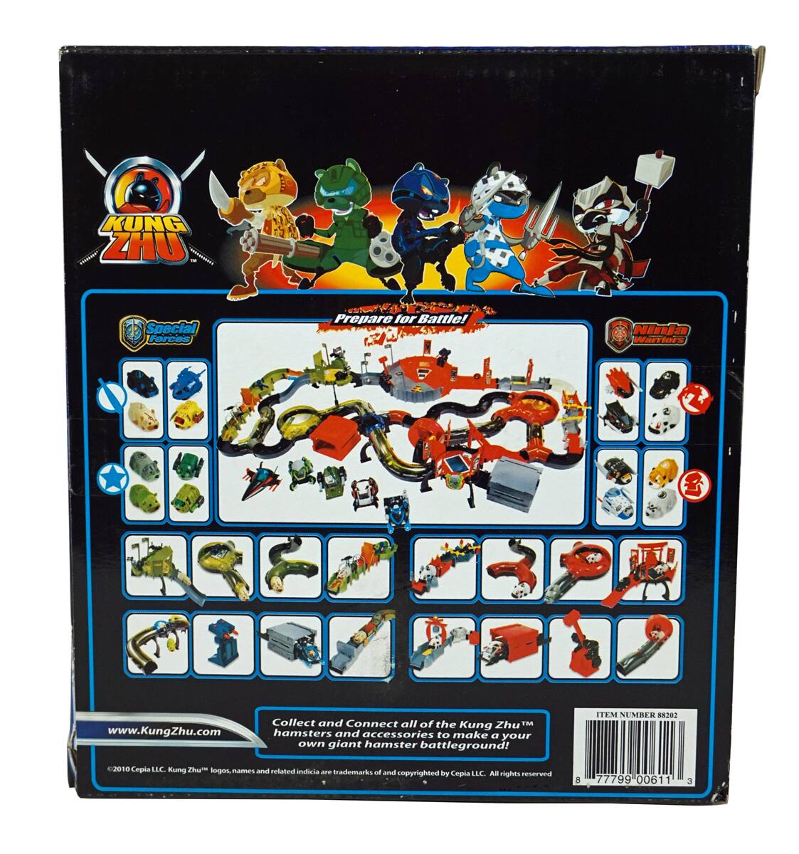 KUNG ZHU Special Forces Prepare for Battle!  
Nina Warriors  
www.KungZhu.com  
Collect and Connect all of the Kung Zhu™ hamsters and accessories to make your own giant hamster battleground!  

TEM NUMBER 202 2010 Copa LC.  
Kung Zhu™ logos, names and related indicia - trademarks of and copyrighted by Cepia LLC. All rights reserved.  

©2010 Cepia LLC. Kung Zhu™ logos, names and related indicia are trademarks of and copyrighted by Cepia LLC. All rights reserved.  

ITEM NUMBER 88202  
8 77799 00611 3