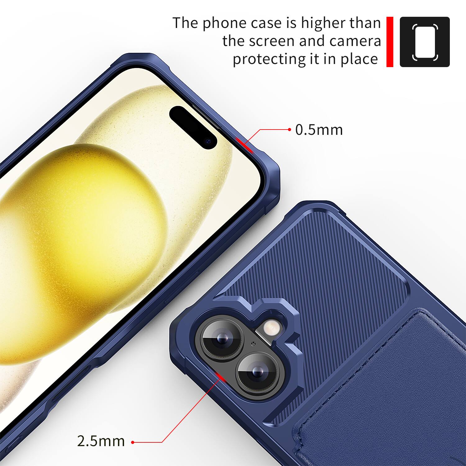 The phone case is higher than the screen and camera protecting it in place.  
0.5mm  
2.5mm