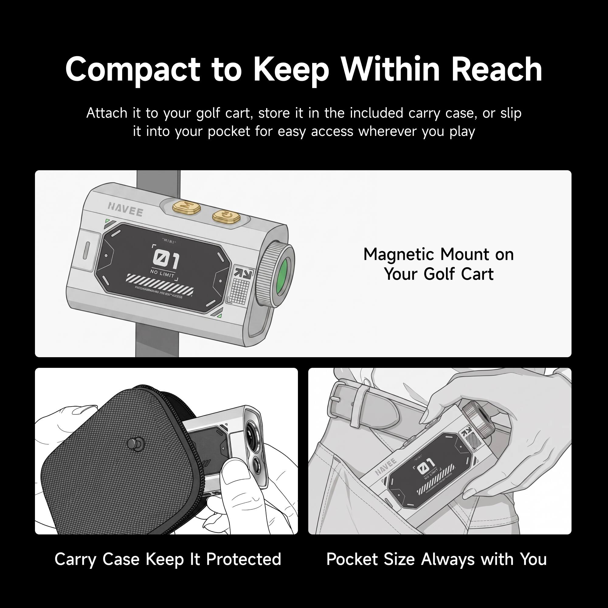 Compact to Keep Within Reach  
Attach it to your golf cart, store it in the included carry case, or slip it into your pocket for easy access wherever you play

Magnetic Mount on Your Golf Cart

Carry Case Keep It Protected

Pocket Size Always with You