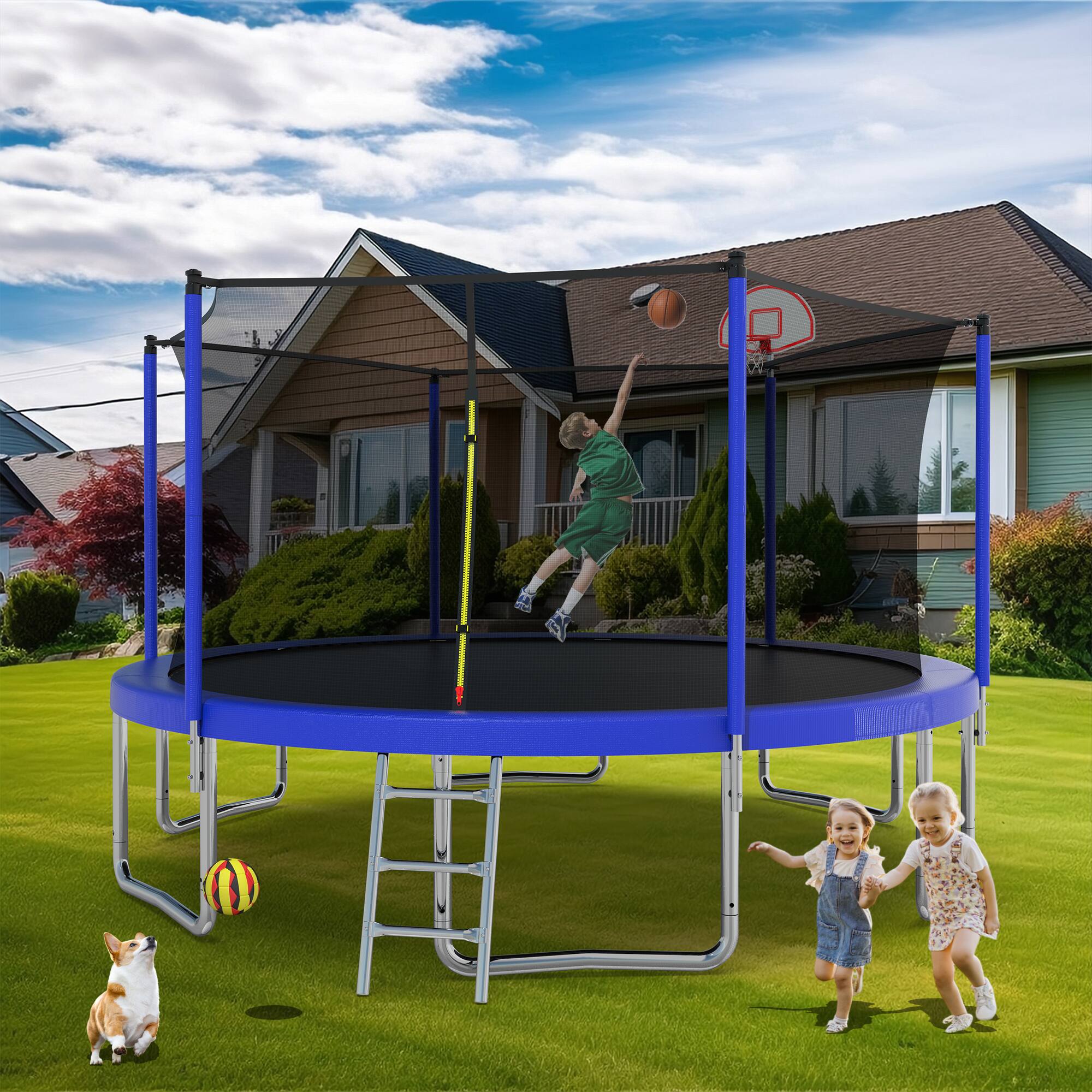 Aukfa - 14FT Trampoline with Basketball Hoop - Safety Enclosure for Kids & Adults, Backyard Outdoor Recreation