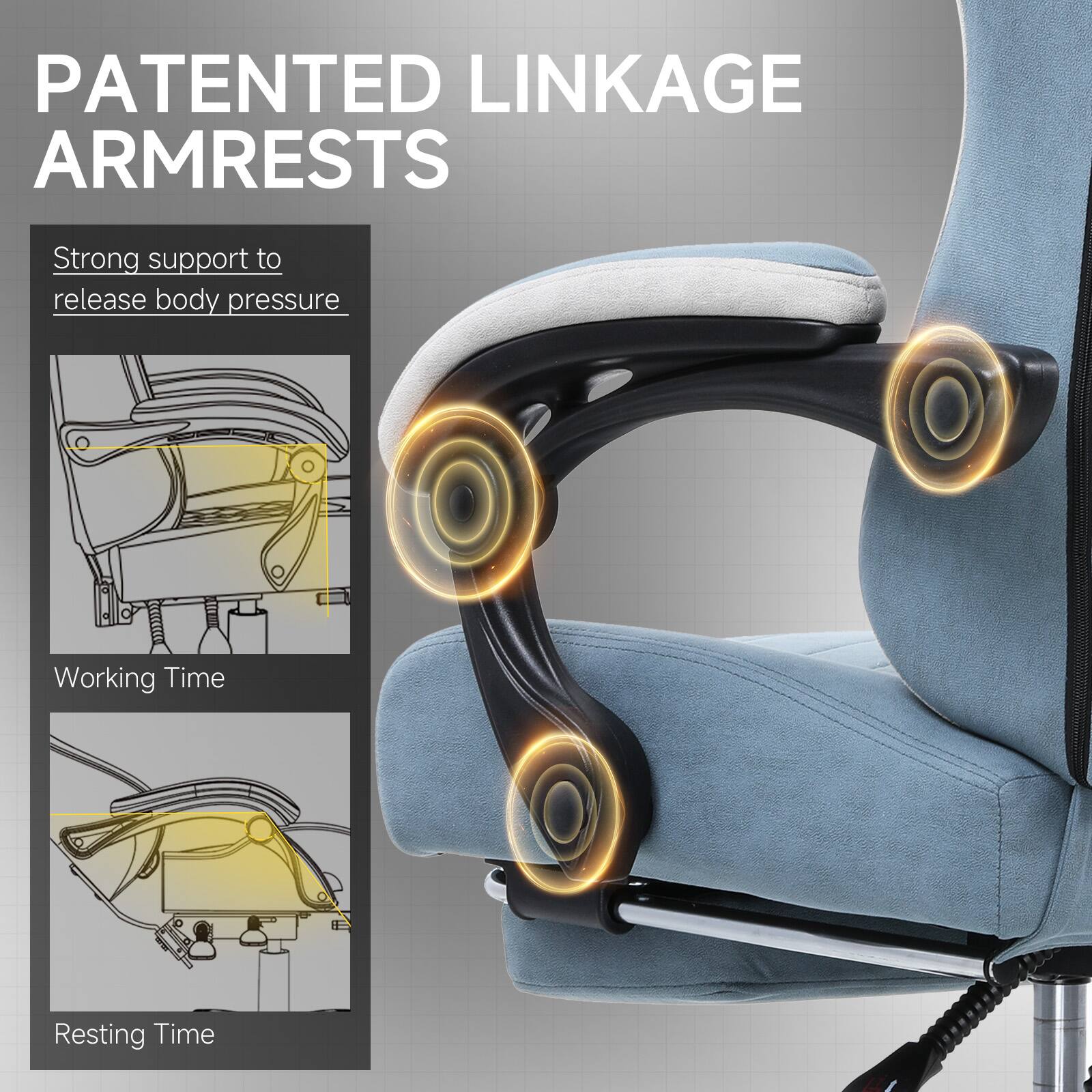 PATENTED LINKAGE ARMRESTS

Strong support to release body pressure

Working Time

Resting Time