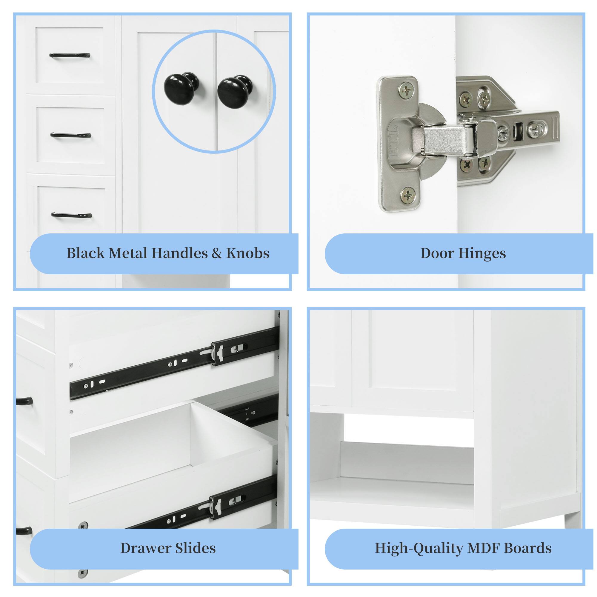 Black Metal Handles & Knobs  
Door Hinges  
Drawer Slides  
High-Quality MDF Boards