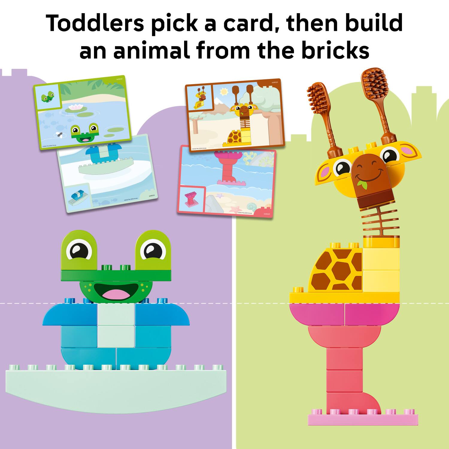 Toddlers pick a card, then build an animal from the bricks