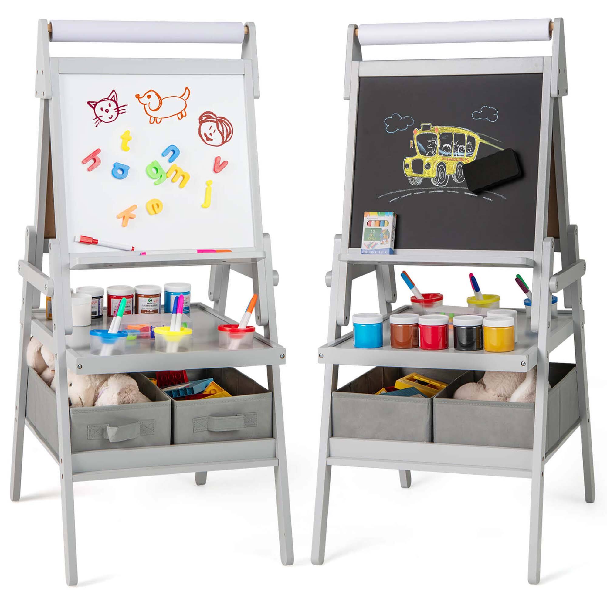 Costway - 3-in-1 Art Easel for Kids with Magnetic Chalkboard & Whiteboard Paper Roll - Gray