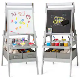 Costway - 3-in-1 Art Easel for Kids with Magnetic Chalkboard & Whiteboard Paper Roll - Gray