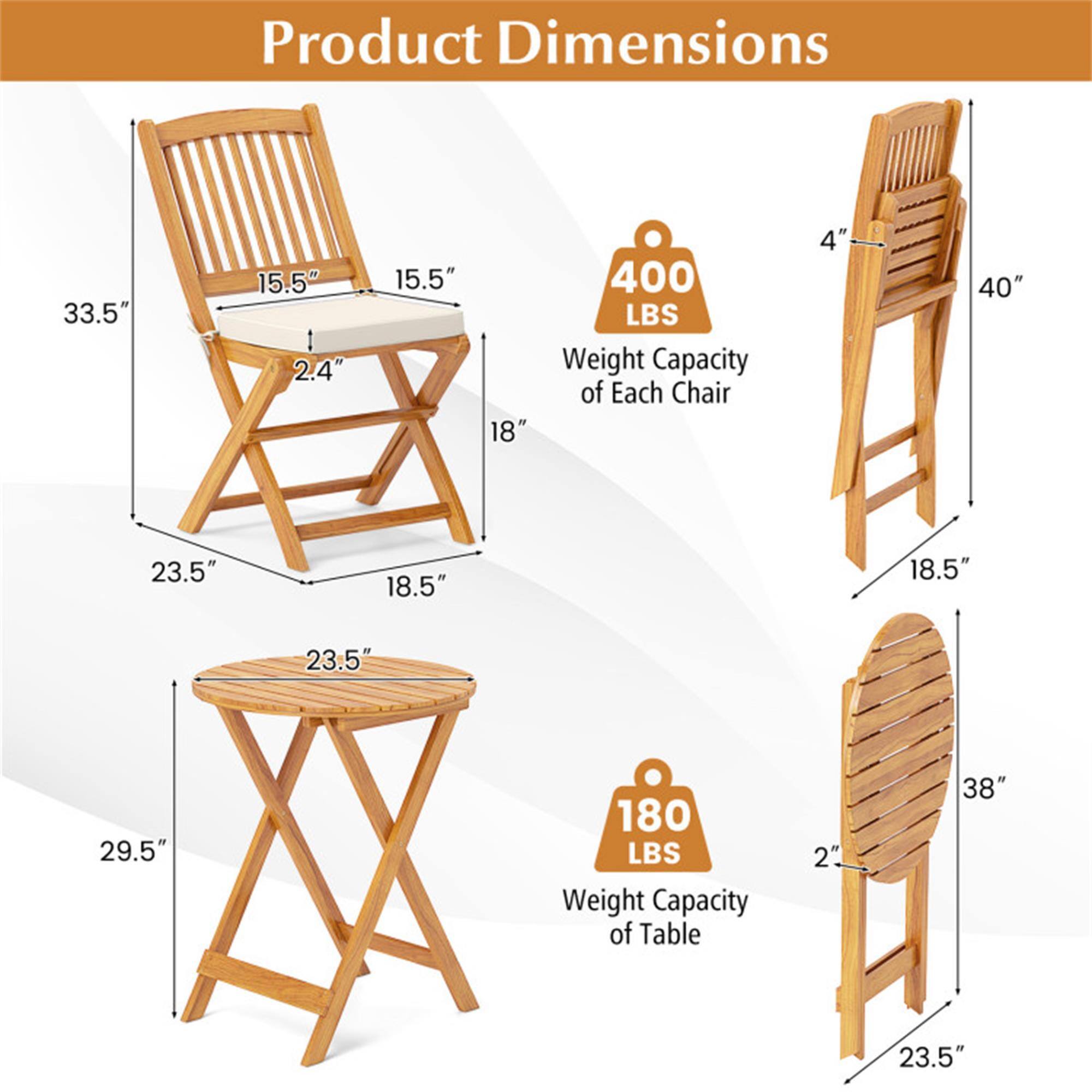 Product Dimensions

- Chair:
  - Height: 40"
  - Seat Height: 18"
  - Seat Depth: 18.5"
  - Seat Width: 15.5"
  - Back Height: 40"
  - Back Width: 15.5"
  - Overall Width: 33.5"
  - Overall Depth: 23.5"
  - Overall Height: 40"

- Table:
  - Height: 29.5"
  - Top Diameter: 23.5"
  - Leg Width: 2"

Weight Capacity:
- Each Chair: 400 LBS
- Table: 180 LBS