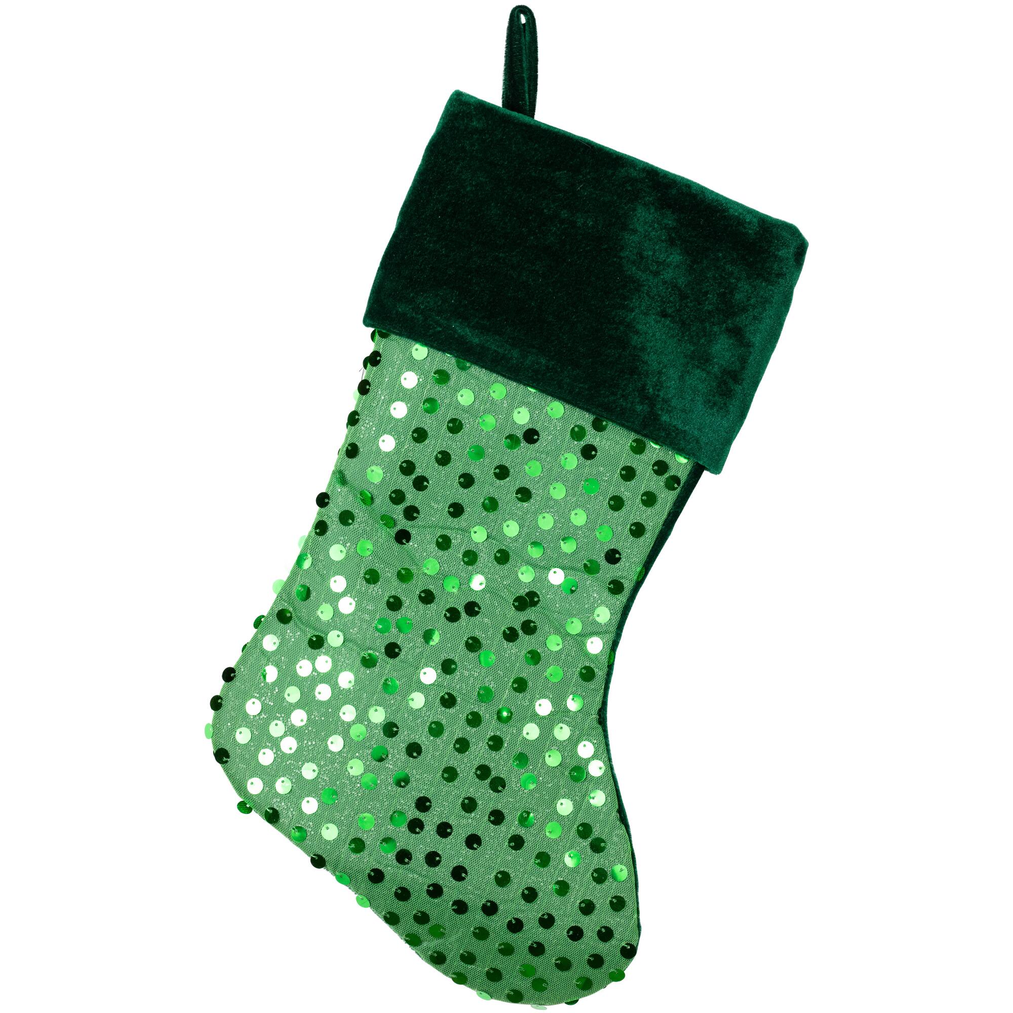 Front. Northlight - 20" Shiny Metallic Green Sequined Christmas Stocking with Velveteen Cuff - Green.
