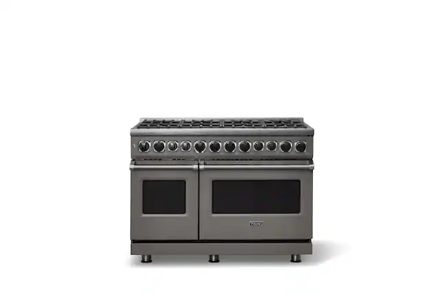 Front. Viking - 48 in. Wide 8 Burner 7-Series Dual Fuel Self-Clean Range - Damascus Gray.