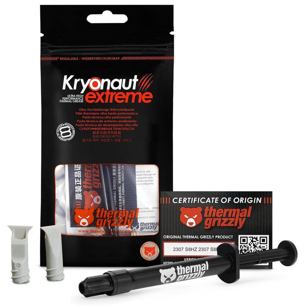 RESEALABLE / WIEDERVERSCHLIESSBAR  
Kryonaut ULTRA HIGH extreme PERFORMANCE THERMAL GREASE  
Ultrahochleistungs-Wärmeleitpaste  
Pâte thermique ultra haute performance  
Pasta termica ultra performante  
Pasta termica de extremo rendimiento  
SINET Pasto termica de desempenho ultra alto  

GRIZZLY.CN  
- in -  
thermal grizzly  
ANA  
mEKMAL  
VERIFY CERTIFICATE OF ORIGIN  
COR  
thermal thermal grizzly therma grizzly grizzly  
www.thermo.com  
ORIGINAL THERMAL GRIZZLY PRODUCT  
2307 S8HZ 2307 S8 HTT  
thermal prizzy  

CERTIFICATE OF ORIGIN  
thermal grizzly  
ORIGINAL THERMAL GRIZZLY PRODUCT  
2307 S8HZ 2307 S8