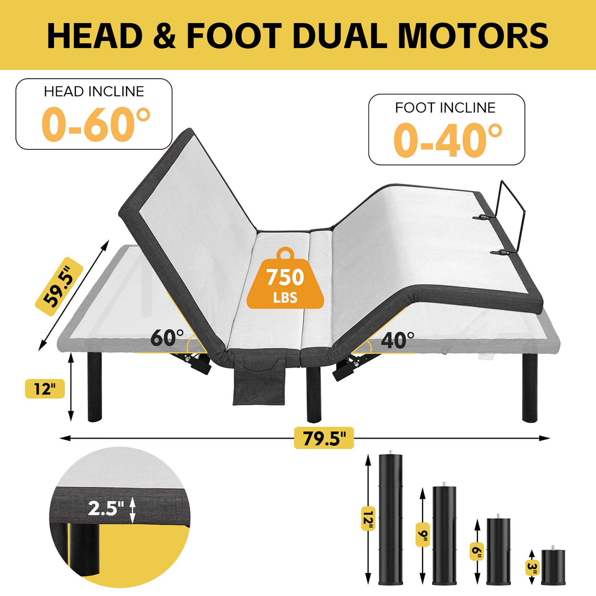 HEAD & FOOT DUAL MOTORS

HEAD INCLINE 0-60°
FOOT INCLINE 0-40°

59.5" (height)
79.5" (length)
12" (width)
2.5" (thickness)

750 LBS (weight capacity)

9" (legroom at 40°)
8" (legroom at 60°)
3" (legroom at 90°)