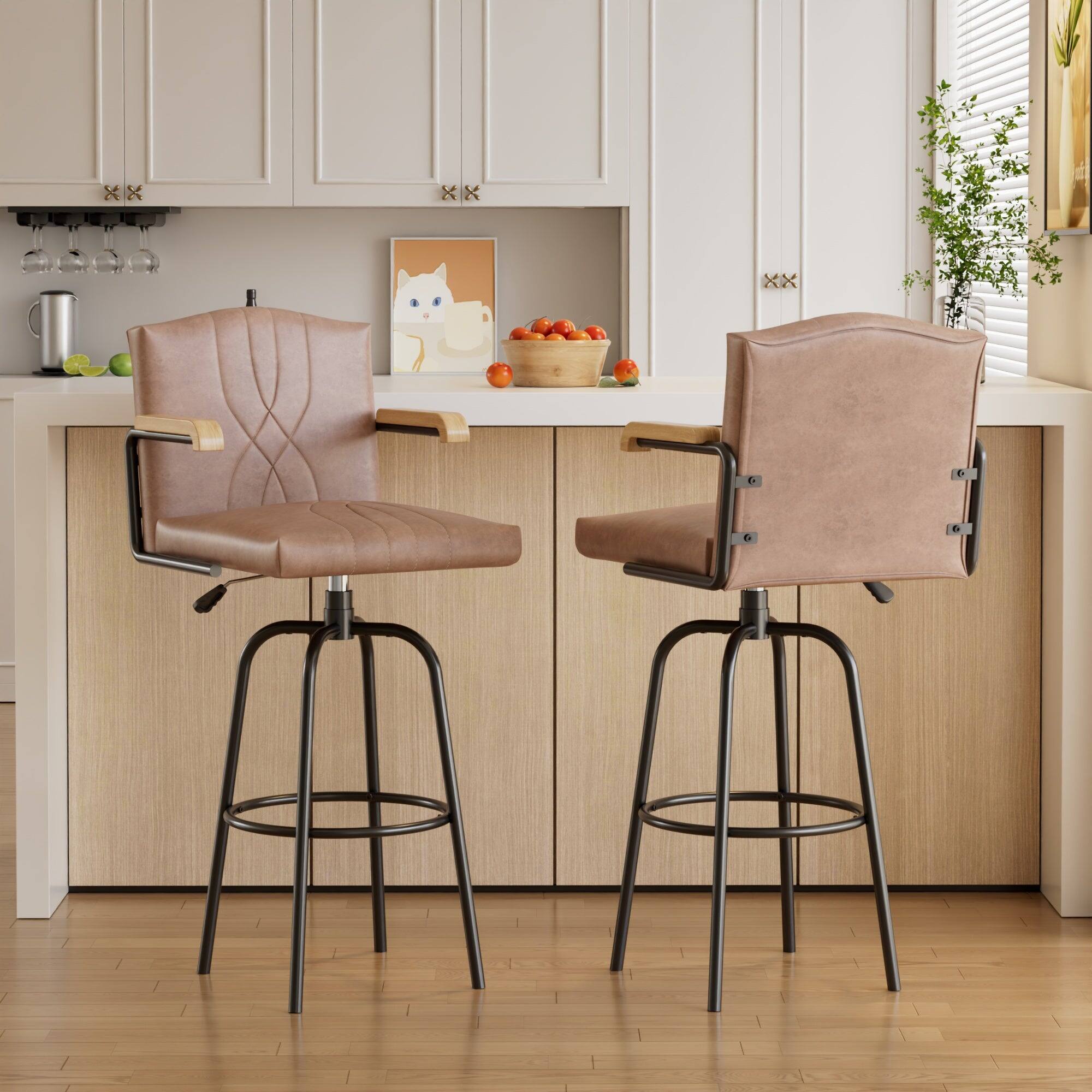 Left. Vecelo - Brown PU Leather Bar Stool Set Of 4 With Arms -Metal Frame, Wooden Arms And Floor Protectors - Brown.