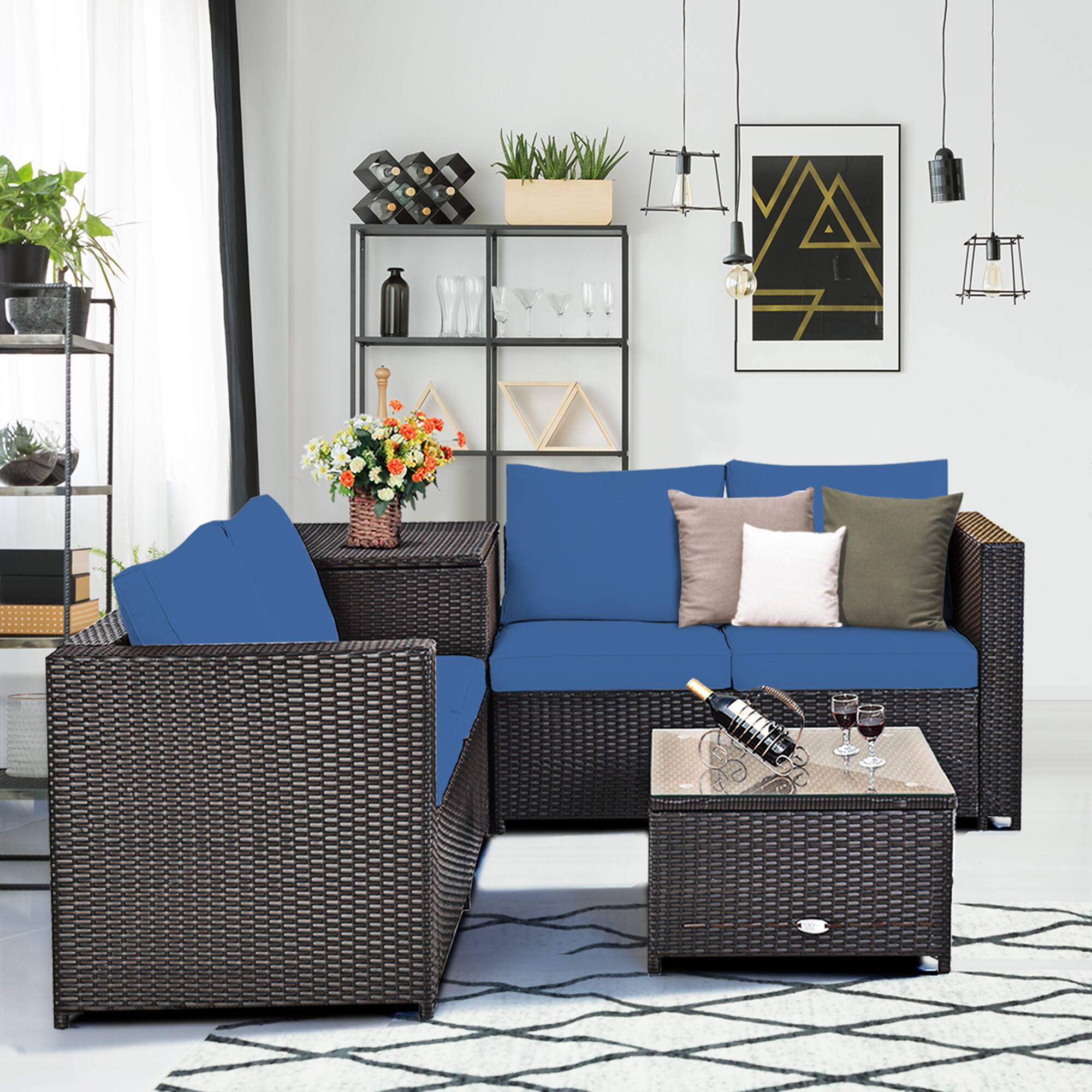 Alt View 5. Gymax - Gymax 8PCS Cushioned Rattan Patio Conversation Set w/ Side Table Navy Cushion - Brown.