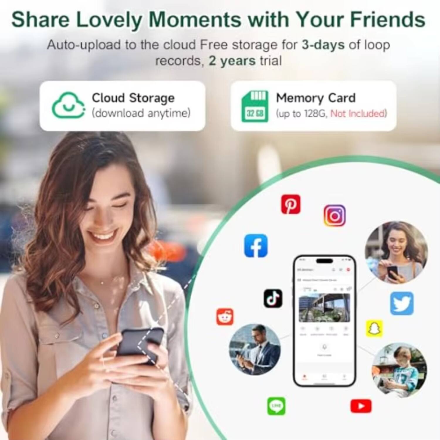 Share Lovely Moments with Your Friends

Auto-upload to the cloud  
Free storage for 3-days of loop records, 2 years trial

Cloud Storage  
(download anytime)

Memory Card  
32 GB (up to 128G, Not Included)