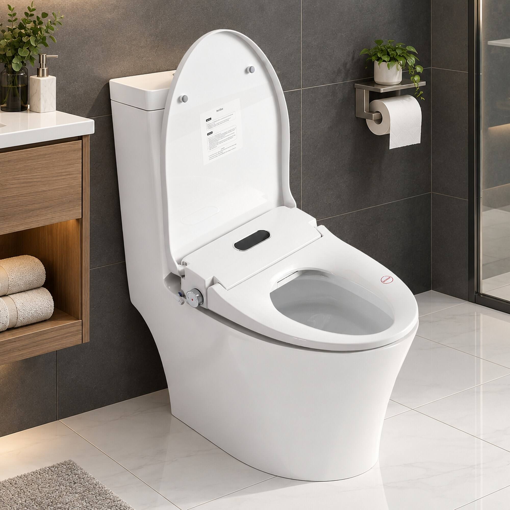 Back. RYHNUYNE - Smart Bidet Toilet Seat, Side Knob Heated Seat Water Temperature and Pressure Adjustment Automatic Nozzle Cleaning - White.