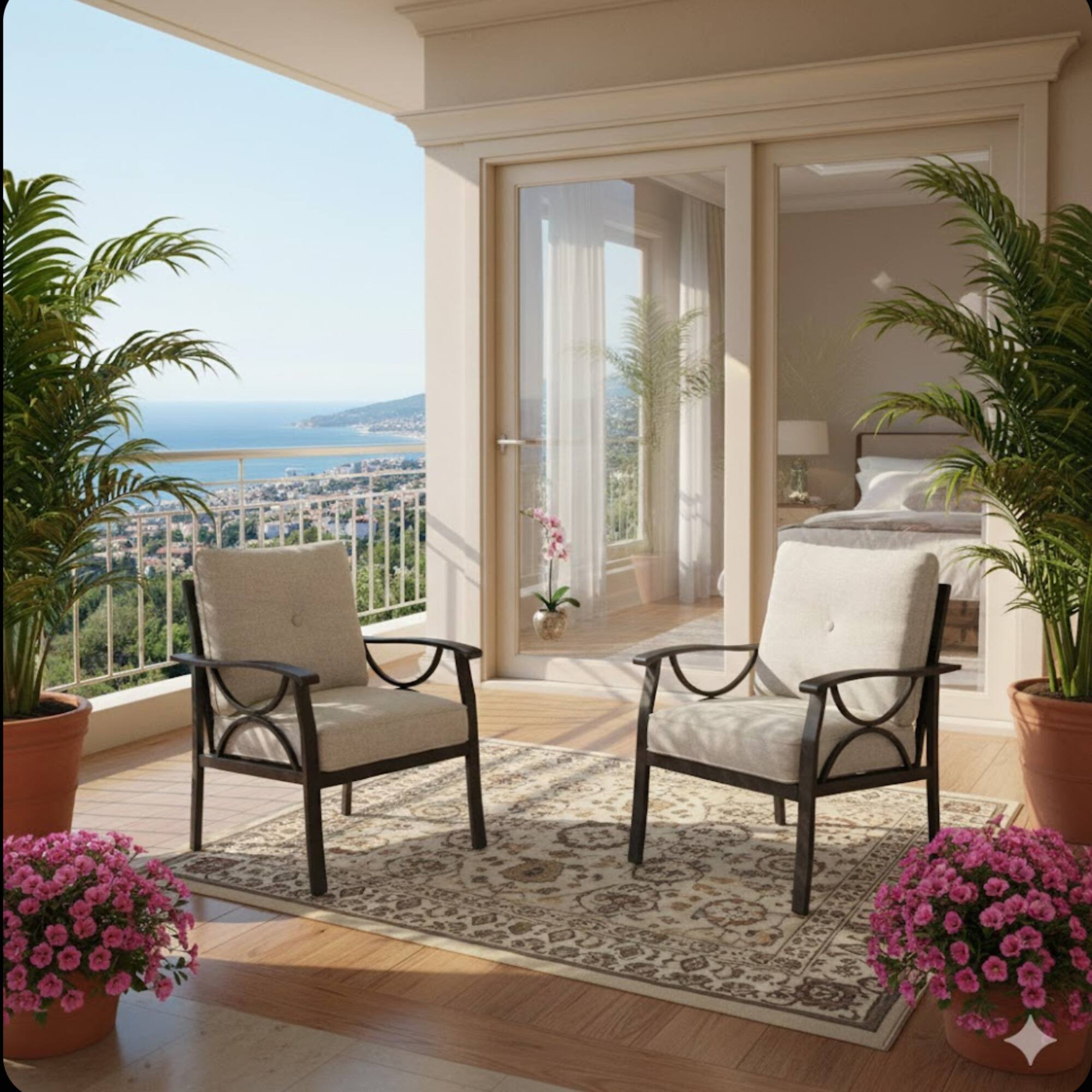 Left. Mondawe - Set of 2 All-Weather Metal Armchairs with Cushions - Light Khaki+Beige.