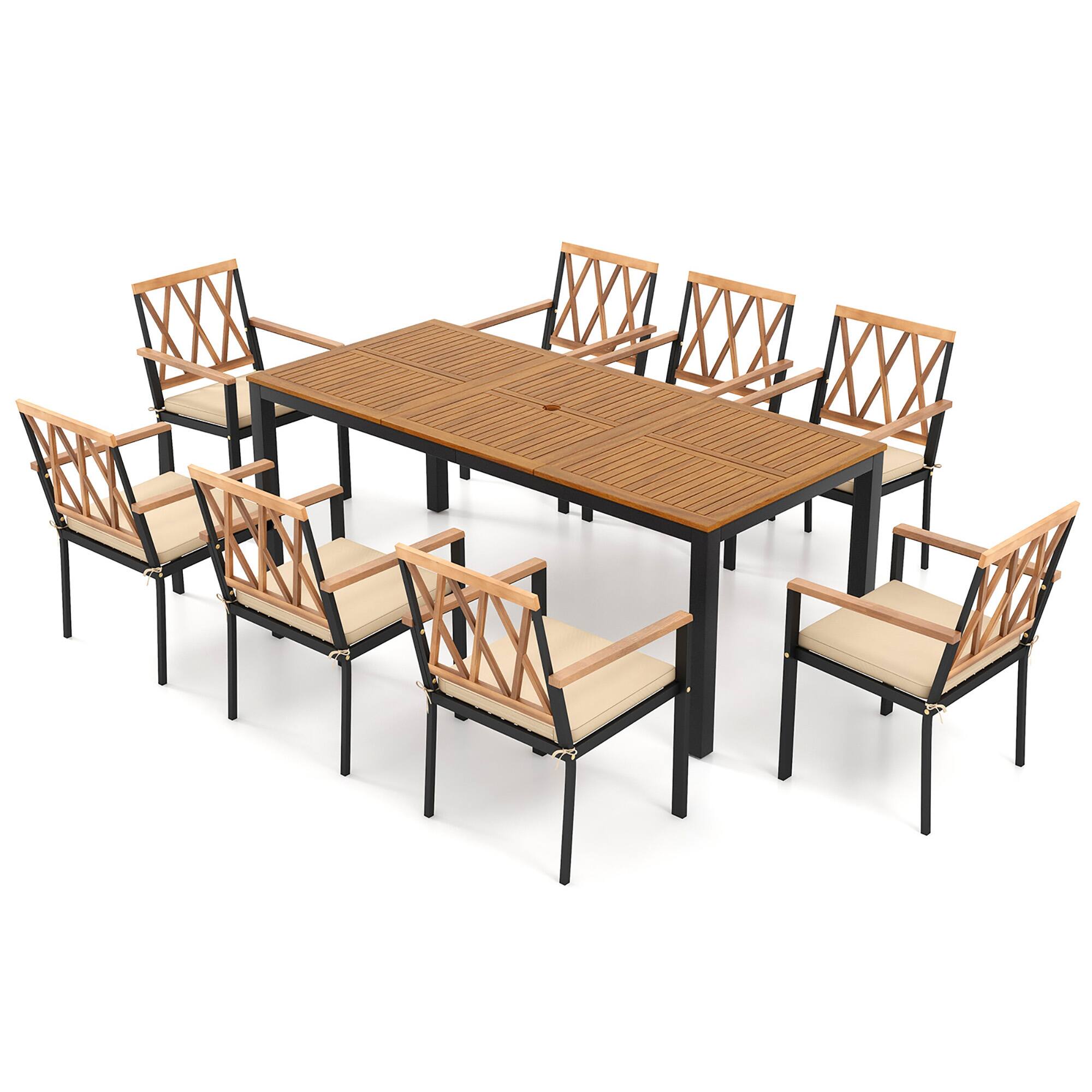 Alt View 7. Gymax - Gymax 9 PCS Outdoor Dining Table & Chairs Set Table w/ Acacia Wood Top Umbrella Hole - Natural.