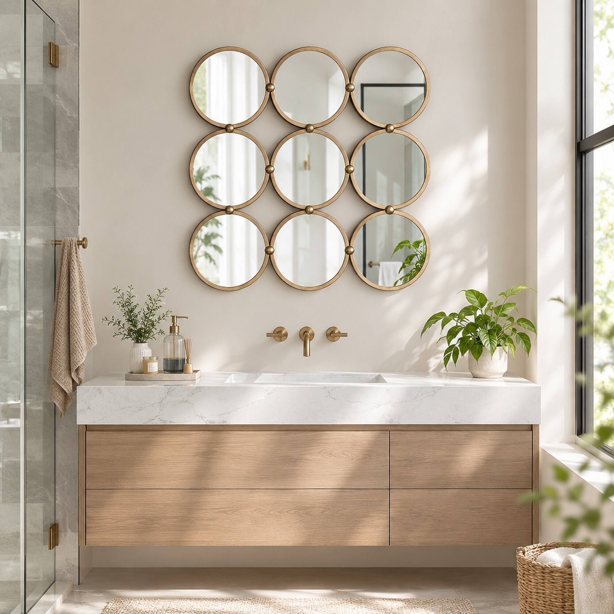 Angle. RYHNUYNE - 27.2 in Square Decorative Wall Mirror, 9 Ring Metal Frame, Mid-Century Style, Iron and MDF - Champagne.