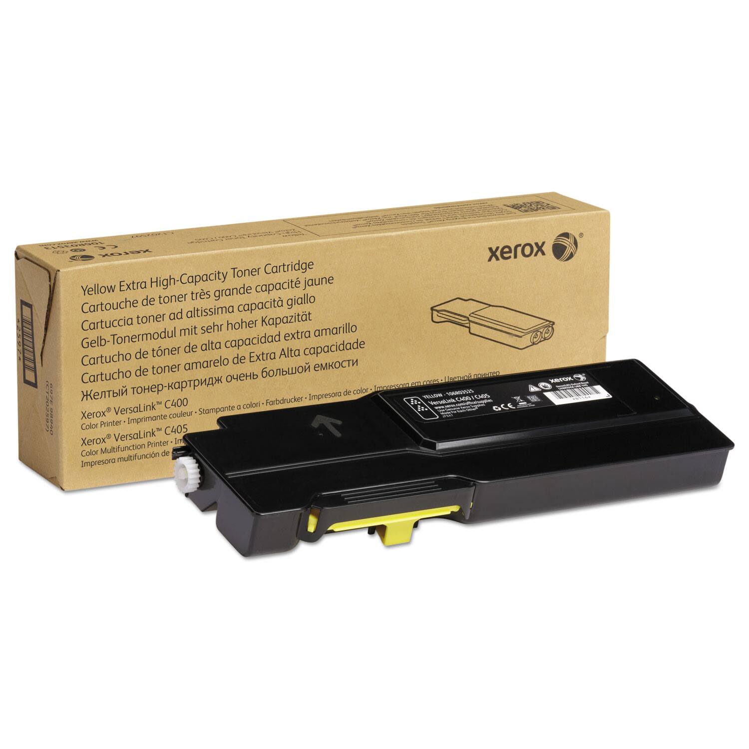 Yellow Extra High-Capacity Toner Cartridge  
Cartouche de toner très grande capacité jaune  
Cartuccia toner ad altissima capacità giallo  
Gelb-Tonermodul mit sehr hoher Kapazität  
Cartucho de tóner de alta capacidad extra amarillo  
Cartucho de tóner amarelo de Extra Alta capacidade  
Картридж тонер Extra High-Capacity желтый  

Xerox® VersaLink® C400  
Xerox® VersaLink® C405  
Color Printer - Imprimante couleur - Stampante a colori - Farbdrucker - Impresora de color  
Color Multifunction Printer - Imprimante multifonction de couleur - Color Multifunktion Drucker - Impresora multifunción de color  

Xerox® VersaLink® C400  
Xerox® VersaLink® C405  
Color Printer - Imprimante couleur - Stampante a colori - Farbdrucker - Impresora de color  
Color Multifunction Printer - Imprimante multifonction de couleur - Color Multifunktion Drucker - Impresora multif