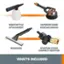 The image features a variety of cleaning tools and equipment, including a soap bottle attachment, an outdoor hard surface brush, a squeegee, and a pivoting quick connect adapter. These tools are designed to help with different cleaning tasks, such as washing and maintaining outdoor surfaces, and are part of a cleaning kit.