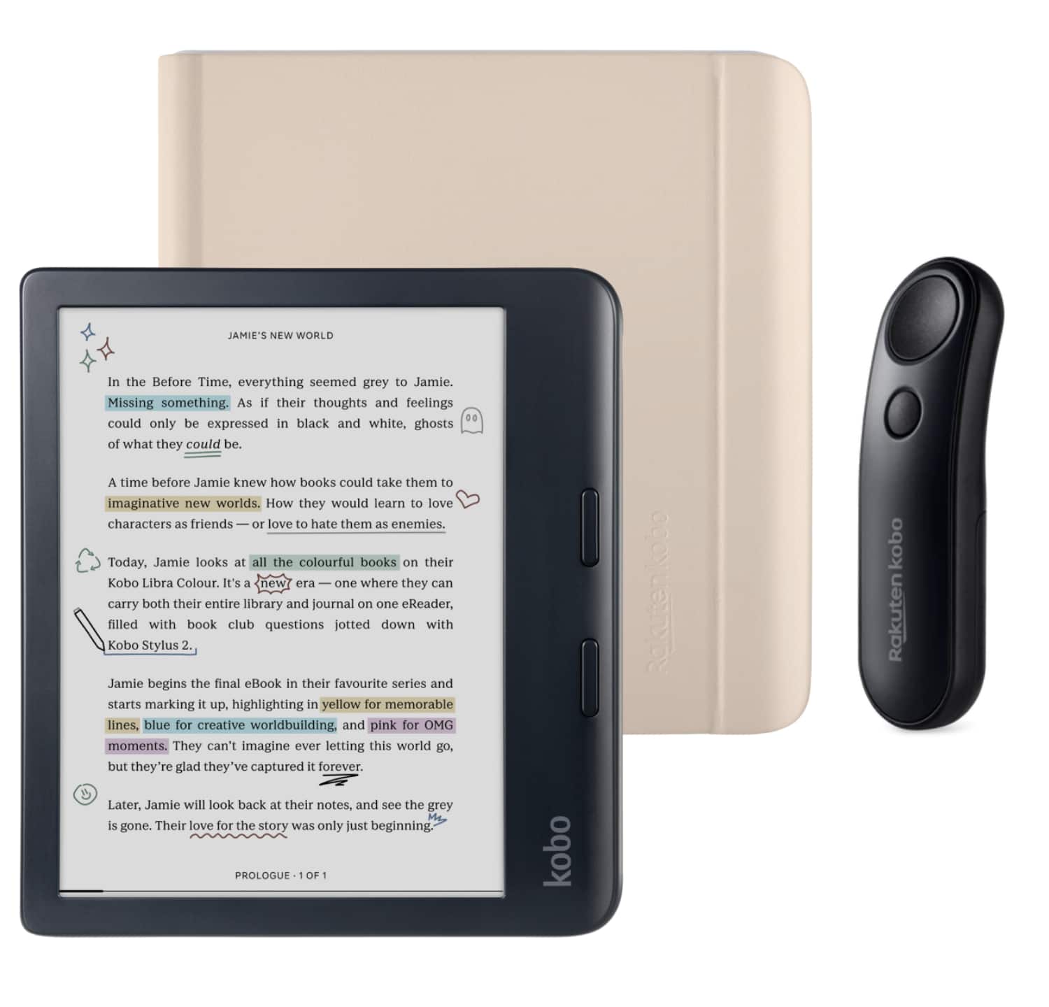 Kobo - Libra Colour (Black) eReader with Black Remote Bundle - 2024 - Sand Beige Notebook SleepCover