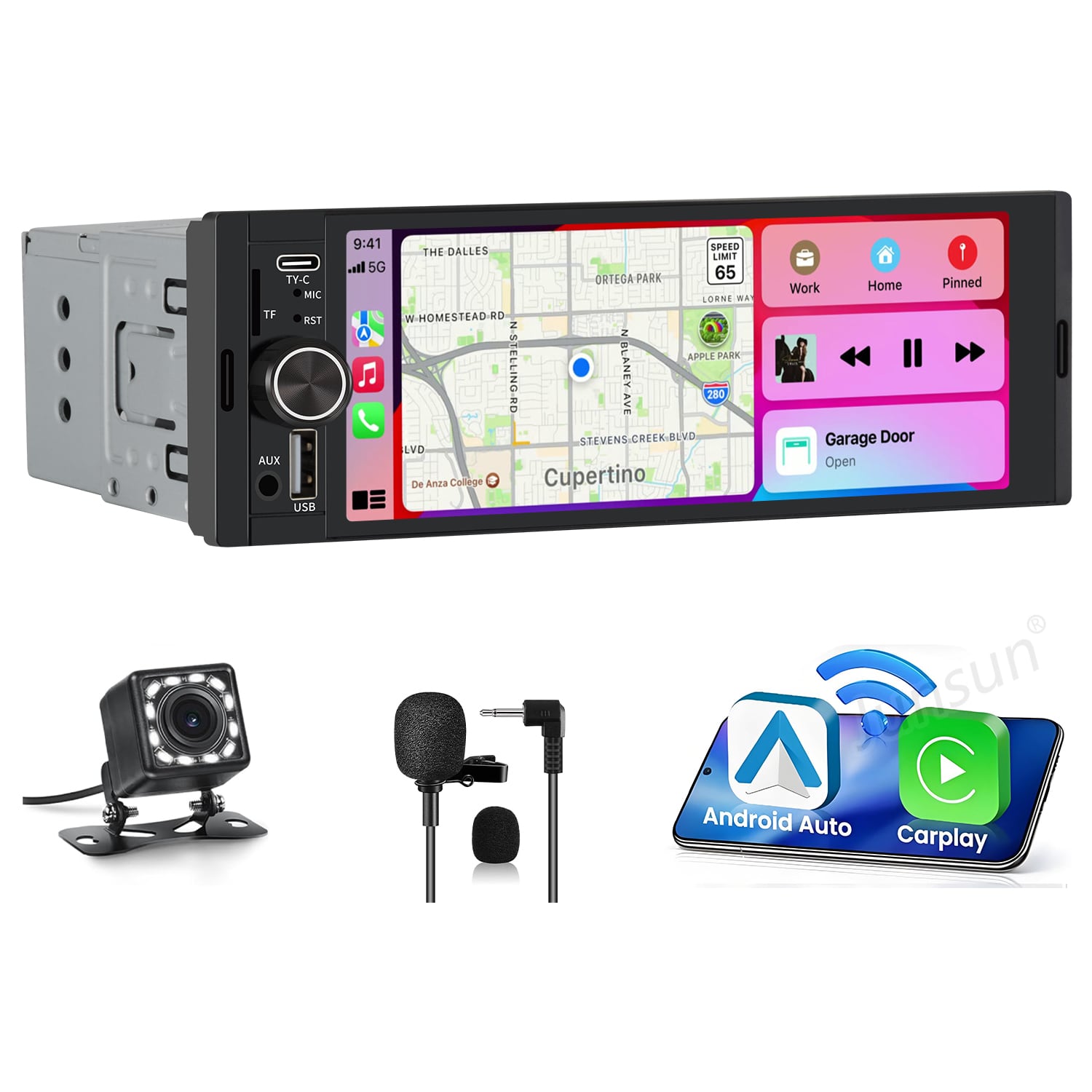 Junsun - Single Din Car Stereo Auto carplay 6.36" Touchscreen Bluetooth Radio USB+Camera - Black