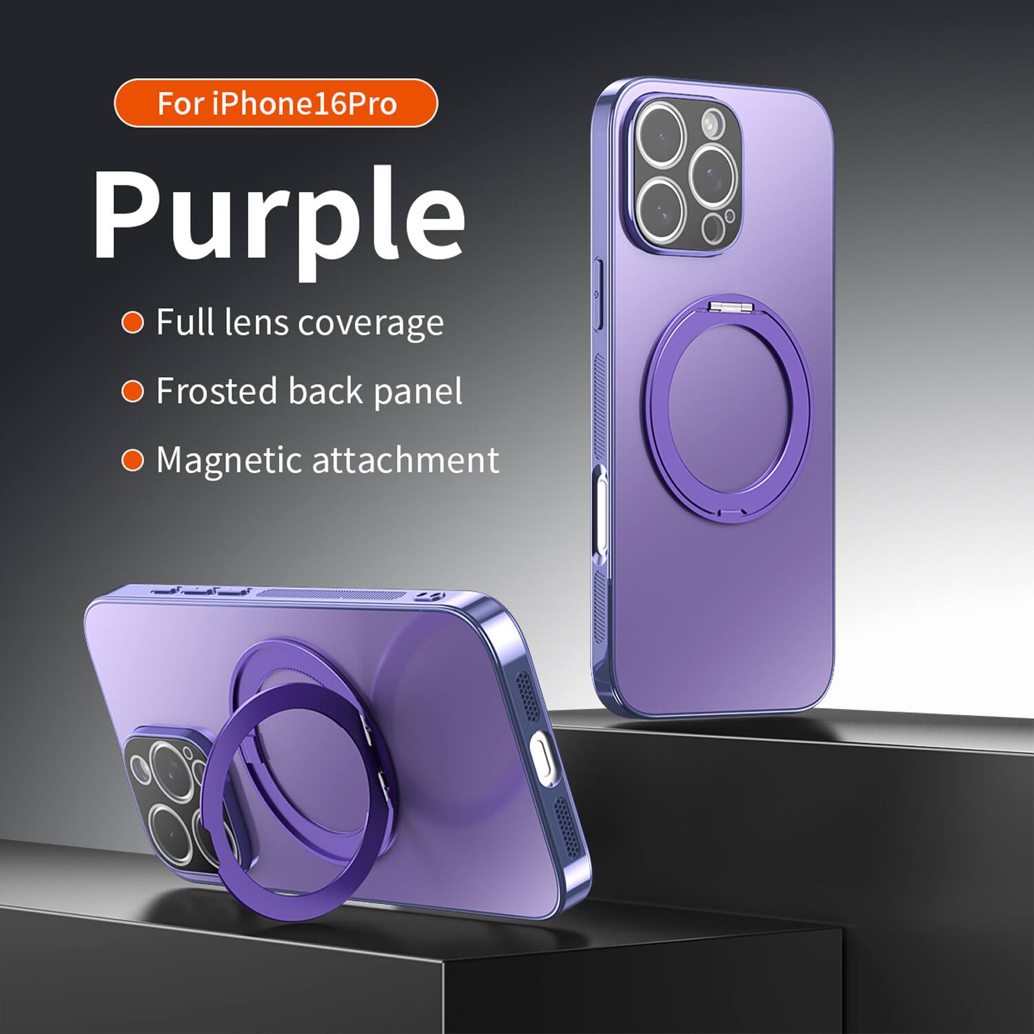 For iPhone16Pro  
Purple  
- Full lens coverage  
- Frosted back panel  
- Magnetic attachment