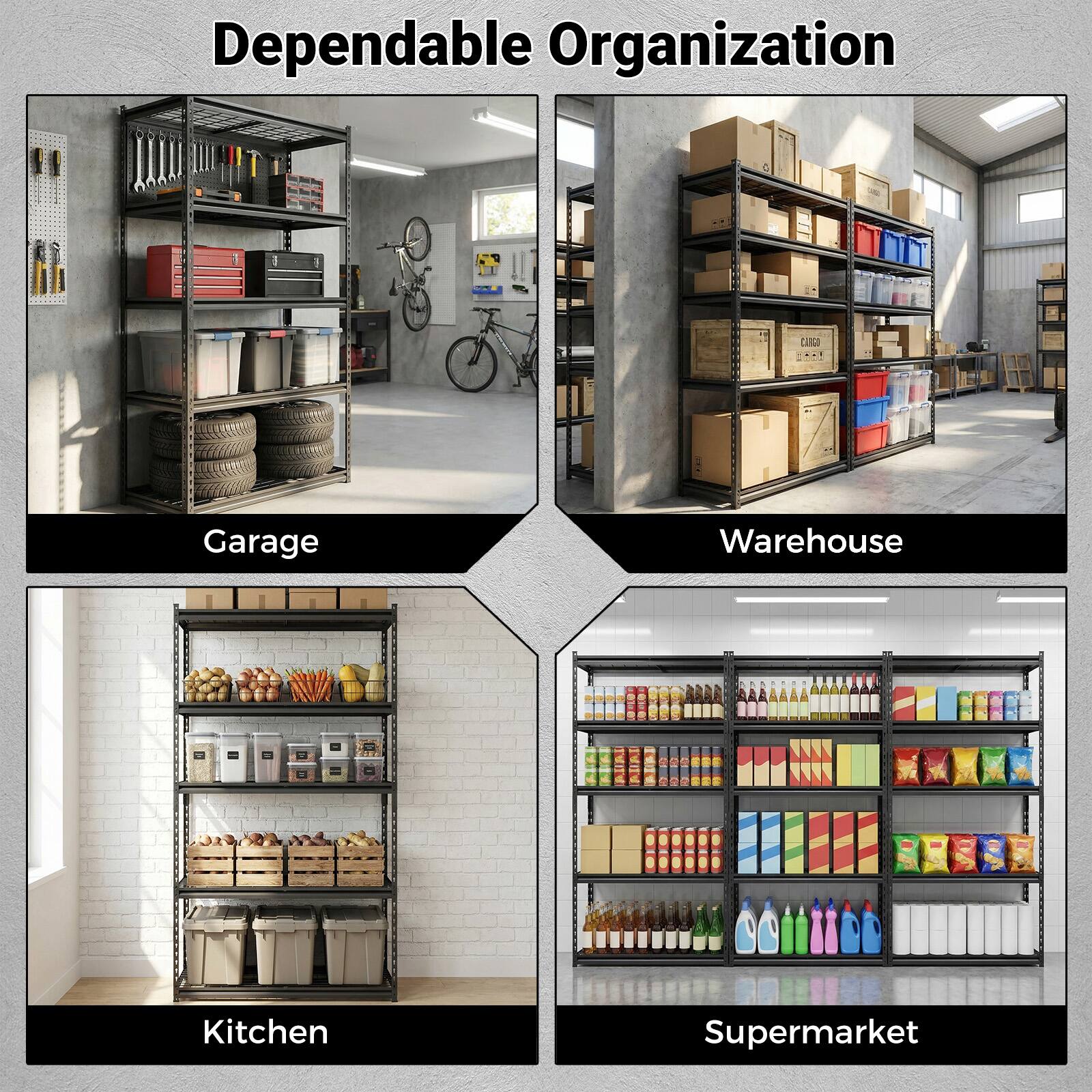 Dependable Organization

Garage  
Warehouse  
Kitchen  
Supermarket