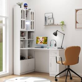 Tiramisubest - L-Shaped Corner Computer Desk,Study Modern Style Table with Drawers,Bookshelf & Hutch,2-in-1 L-Shaped Design - White