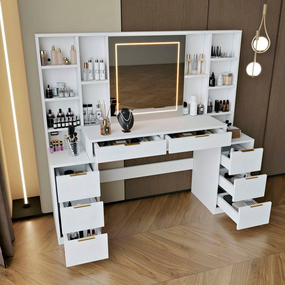 Left. Kadyn - 59-Inch Large Vanity Desk with Mirror, Lights and 8 Drawers - White.