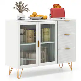 Gymax - Buffet Server Sideboard w/ 2 Tempered Glass Doors & 3 Drawers for Kitchen White - White, Gold