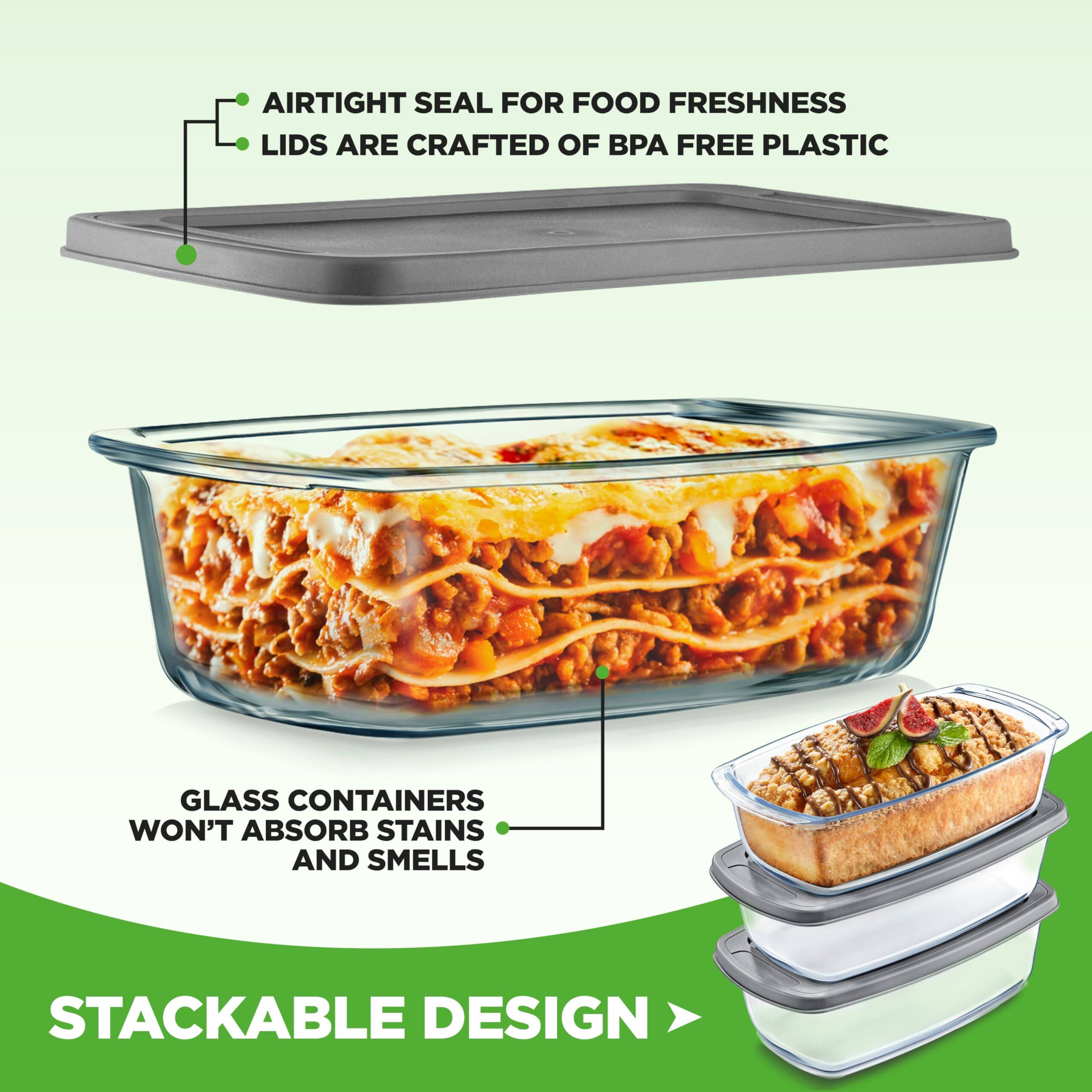 - AIRTIGHT SEAL FOR FOOD FRESHNESS
- LIDS ARE CRAFTED OF BPA FREE PLASTIC
- GLASS CONTAINERS WON'T ABSORB STAINS AND SMELLS
- STACKABLE DESIGN