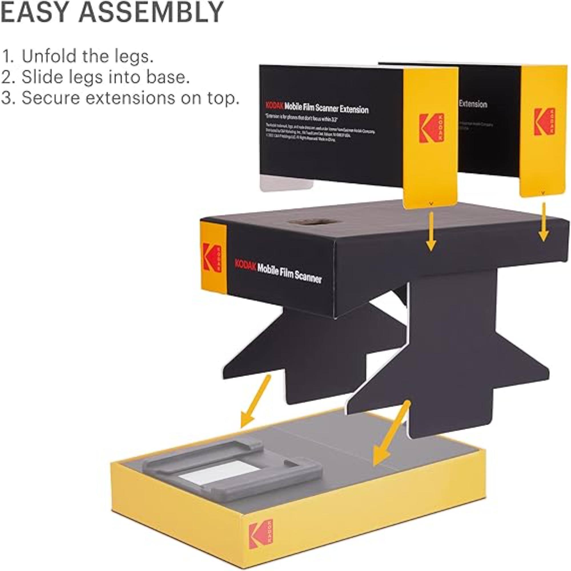 EASY ASSEMBLY

1. Unfold the legs.
2. Slide legs into base.
3. Secure extensions on top.

NOOAK Hobile Film Scanner Extension ha KOOAK Extension EOBAE Y KOEAR KODAK Mobile Film Scanner KOPAR