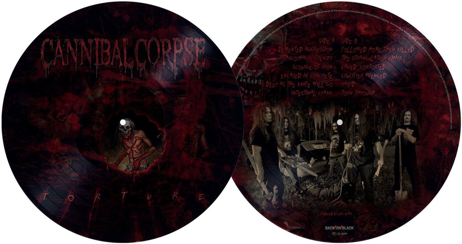 CANNIBAL CORPSE  
TORTURE  

owner of me recorded work and otone reserved, the producer Unauthorised of copying Al rights Lich. downloading. Records lending Media nring Centry SIDE A SIDE was public DEMENTED AGGRESSION FOLLOWED HOME THEN KILLED performance SARCOPHAGIC FRENZY THE STRANGULATION CHAIR and SCOURGE OF IRON CAGED...CONTORTED ENCASED IN CONCRETE CRUCIFIER AVENGED broadcapting you AS this. AS DEEP THE KNIFE WILL GO RABID work INTESTINAL CRANK TORN THROUGH prohibited. www  
TORTURE  

PRODUCED BY ERIC ROTANI  
BACK ON BLACK 33 U3 rpm