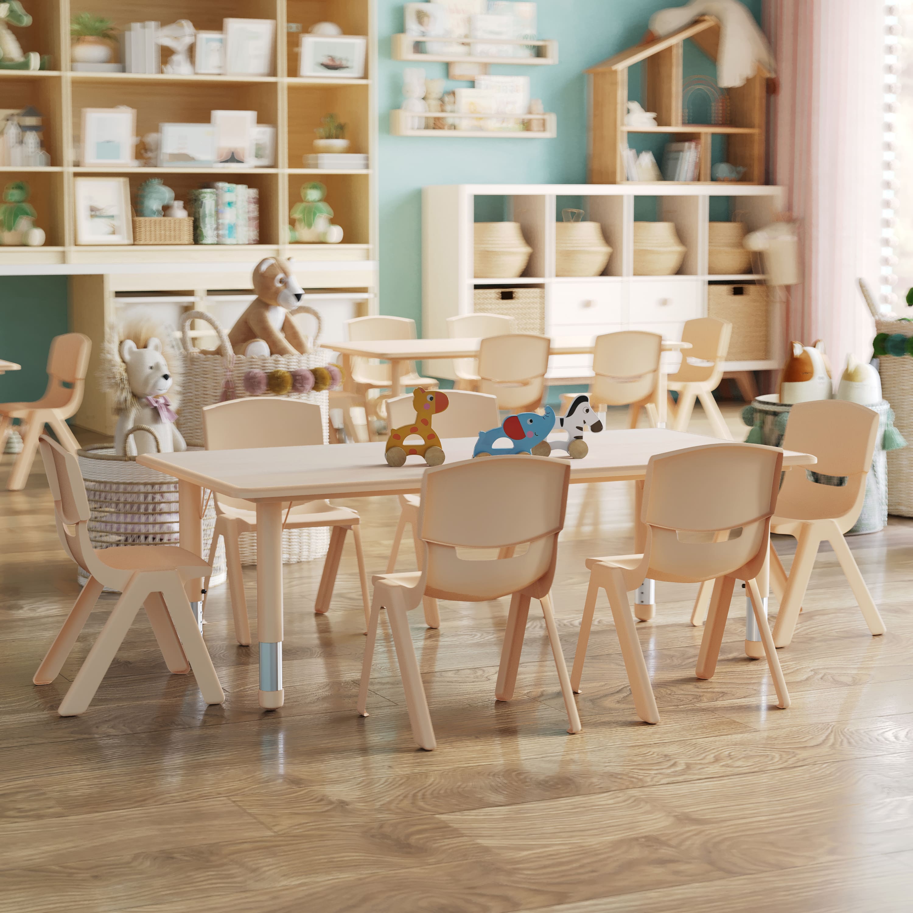 "Emma + Oliver - 23.625""W x 47.25""L Rectangular Plastic Height Adjustable Activity Table Set with 6 Chairs - Natural" price history on PriceWatchPro