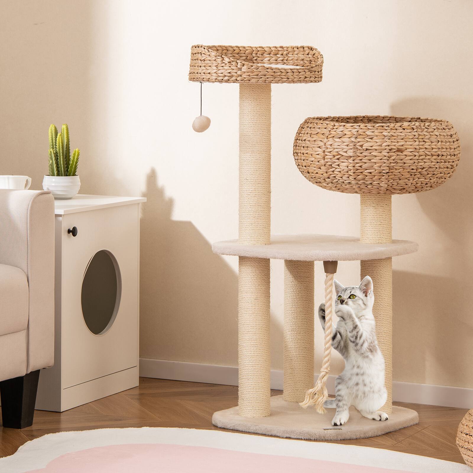 Alt View 1. Gymax - Gymax 41'' Hand-Made Cat Tree Tower Natural Bowl Shaped w/ 2 Perch - GYM17762.
