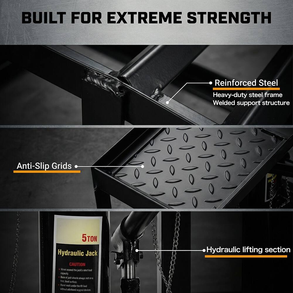 BUILT FOR EXTREME STRENGTH

- Reinforced Steel
  Heavy-duty steel frame
  Welded support structure

- Anti-Slip Grids

- Hydraulic lifting section

5TON Hydraulic Jack

CAUTION
- Verify assessed the jack's stated load capacity.
- Base of jack should always rest on a firm level surface.
- Raise jack only when the load is properly secured.
- Do not use jack without additional ground devices.