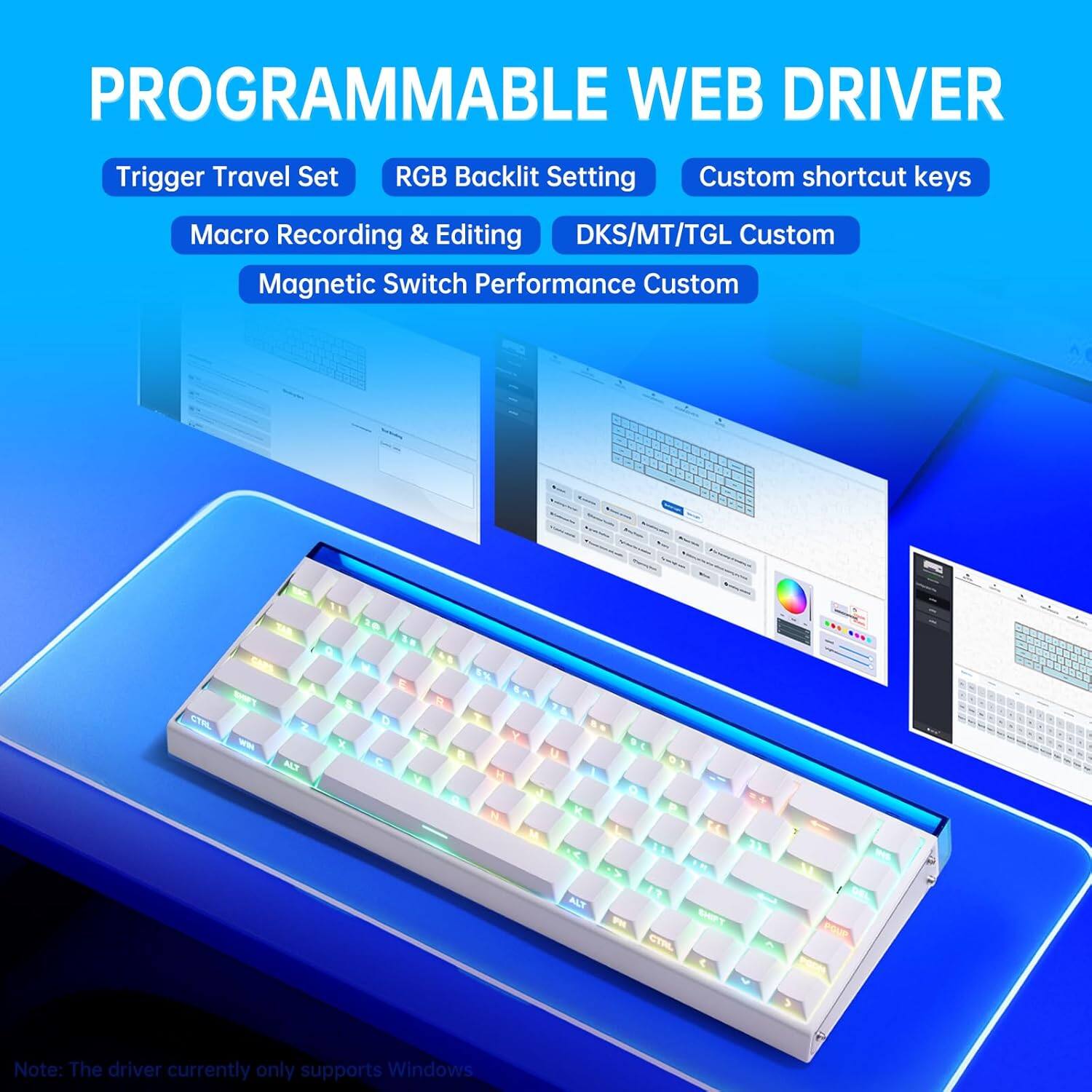 PROGRAMMABLE WEB DRIVER

- Trigger Travel Set
- RGB Backlit Setting
- Custom shortcut keys
- Macro Recording & Editing
- DKS/MT/TGL Custom
- Magnetic Switch Performance Custom

Note: The driver currently only supports Windows.